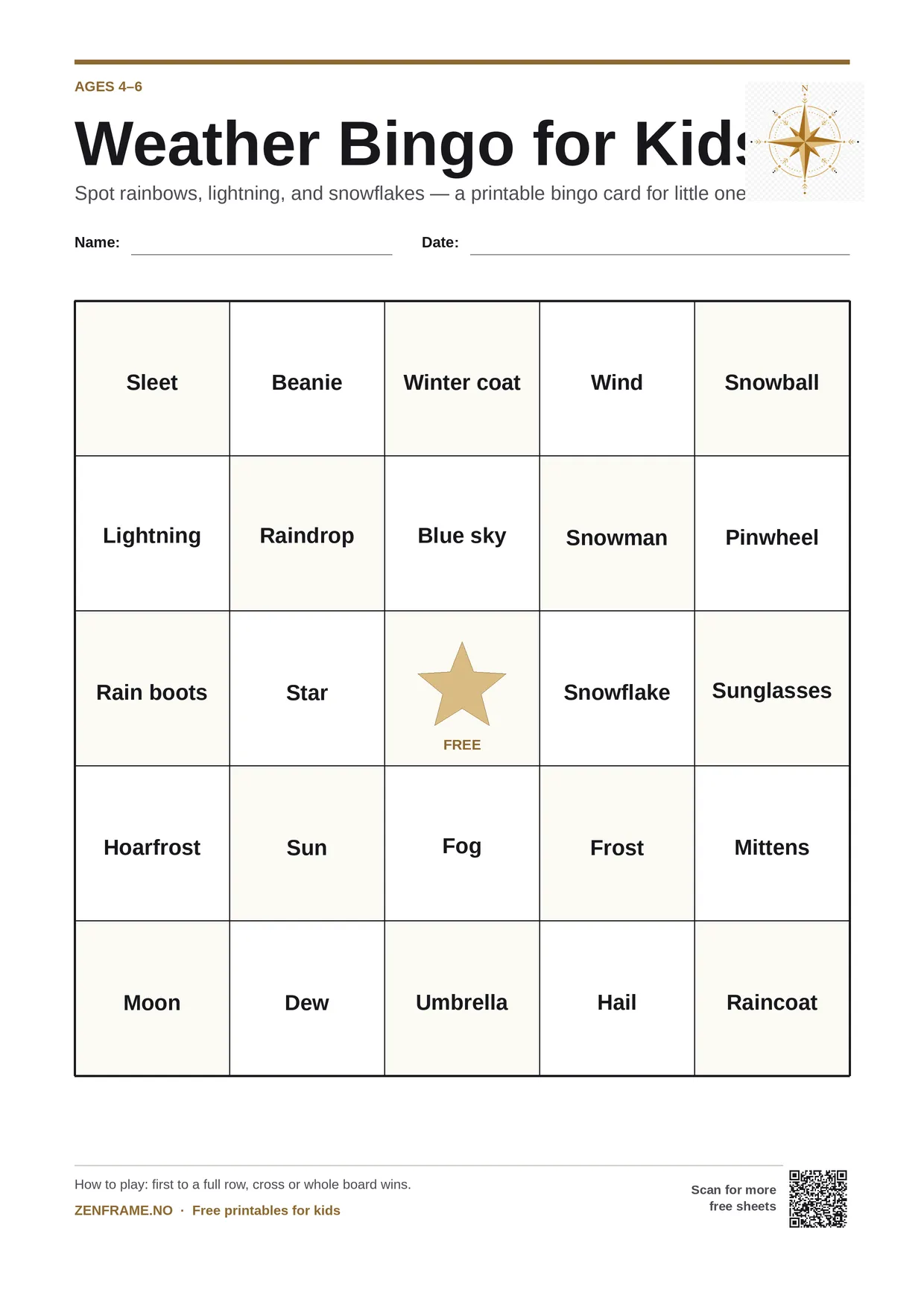 Weather Bingo for kids ages 4–6 – free printable A4 board