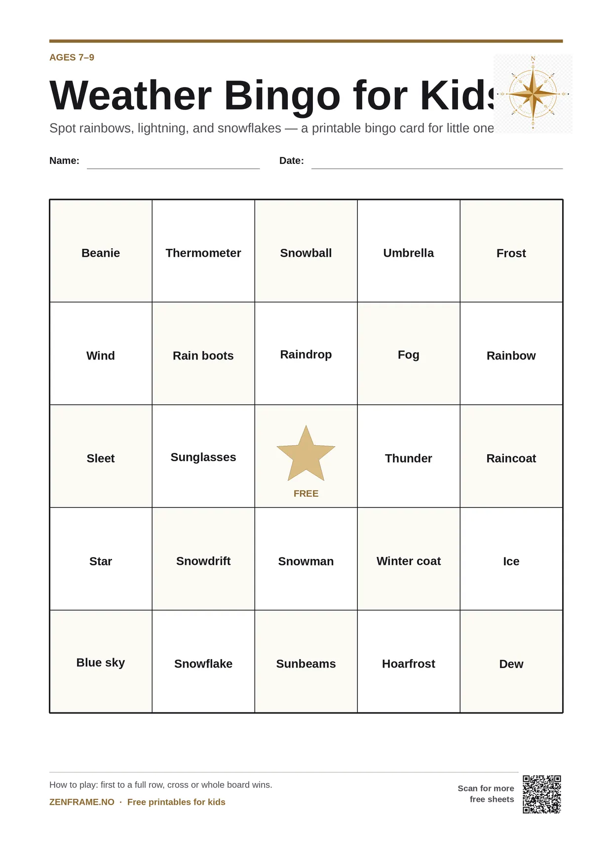 Weather Bingo for kids ages 7–9 – free printable A4 board