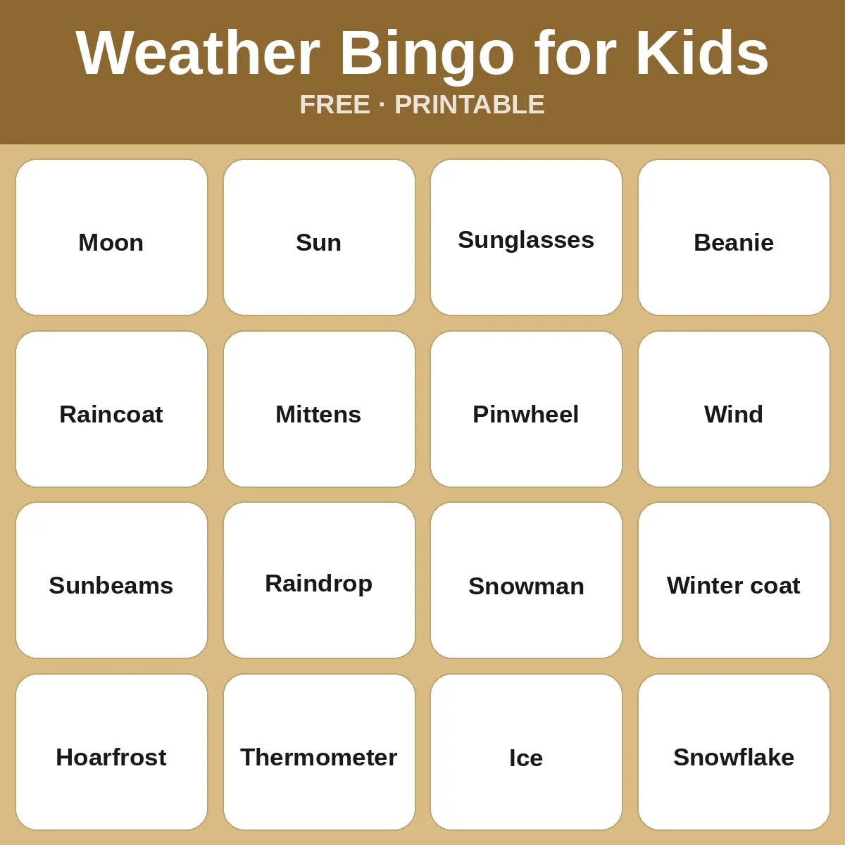 Weather Bingo for Kids – free printable bingo for kids