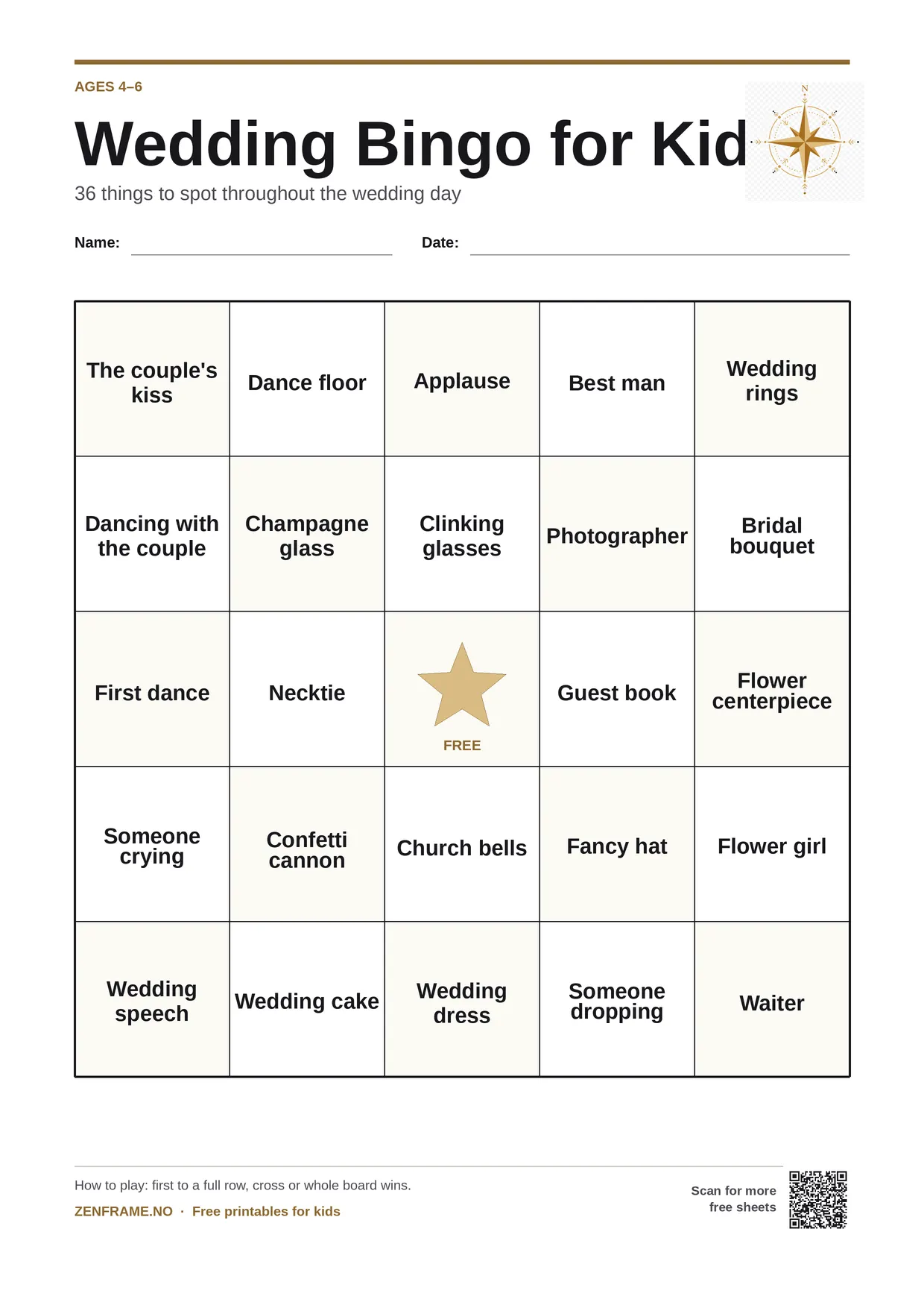 Wedding Bingo for kids ages 4–6 – free printable A4 board