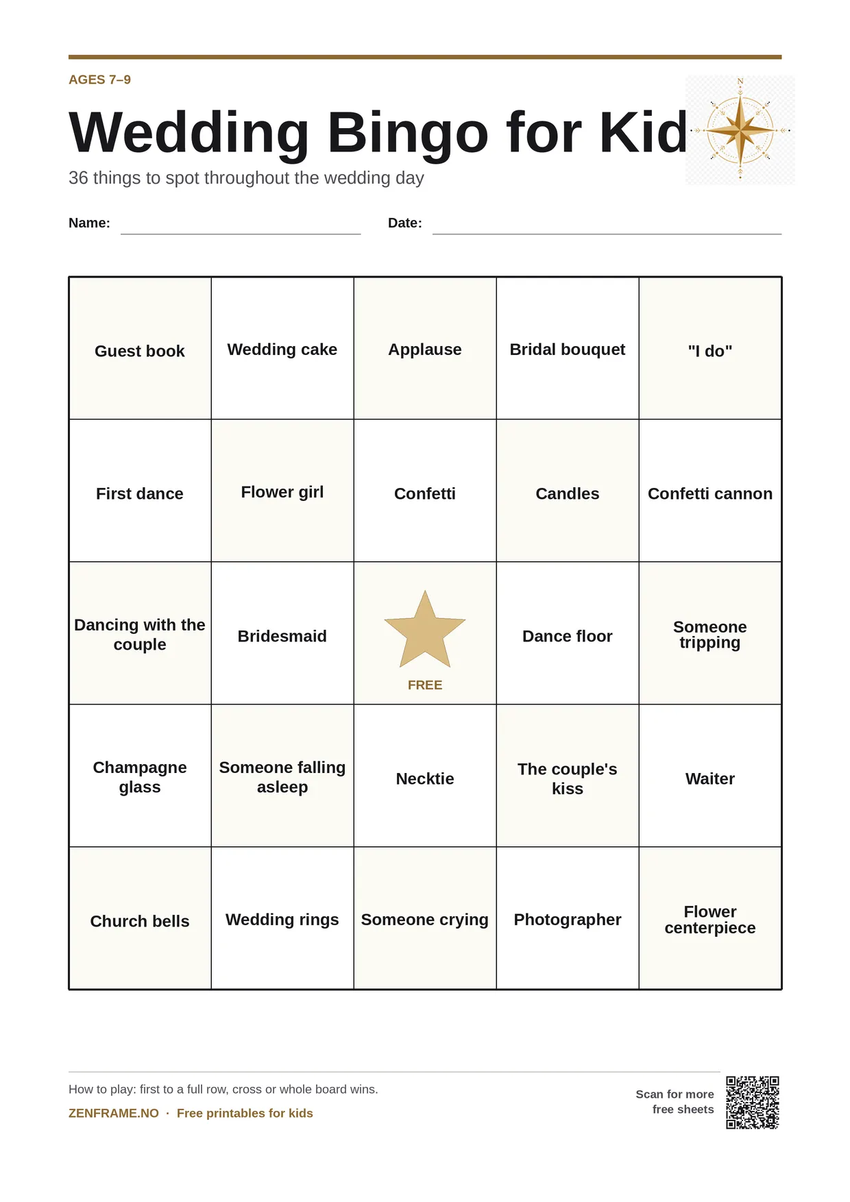 Wedding Bingo for kids ages 7–9 – free printable A4 board