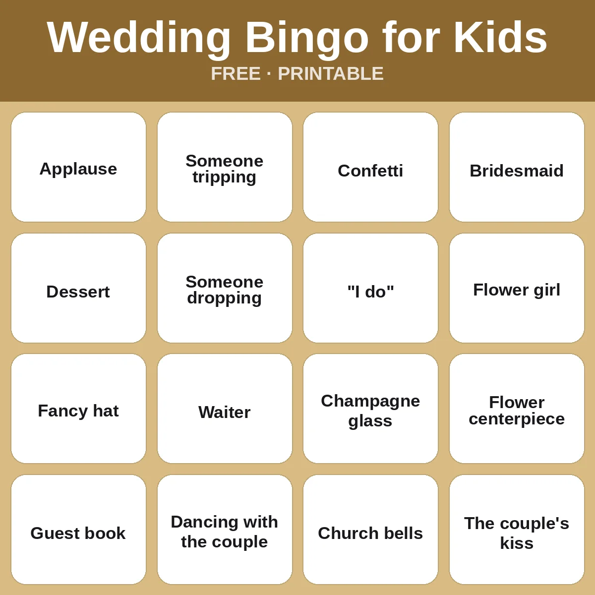 Wedding Bingo for Kids – free printable bingo for kids