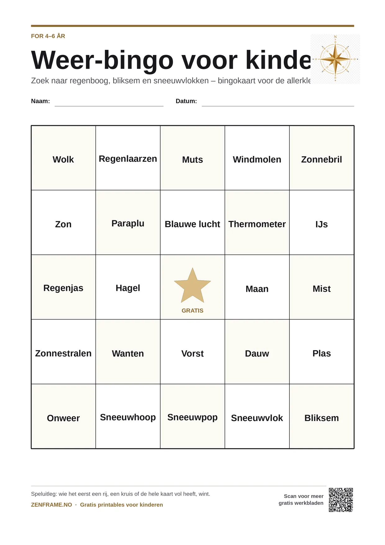 Weer-bingo voor kinderen 4–6 jaar – gratis printbare A4-kaart