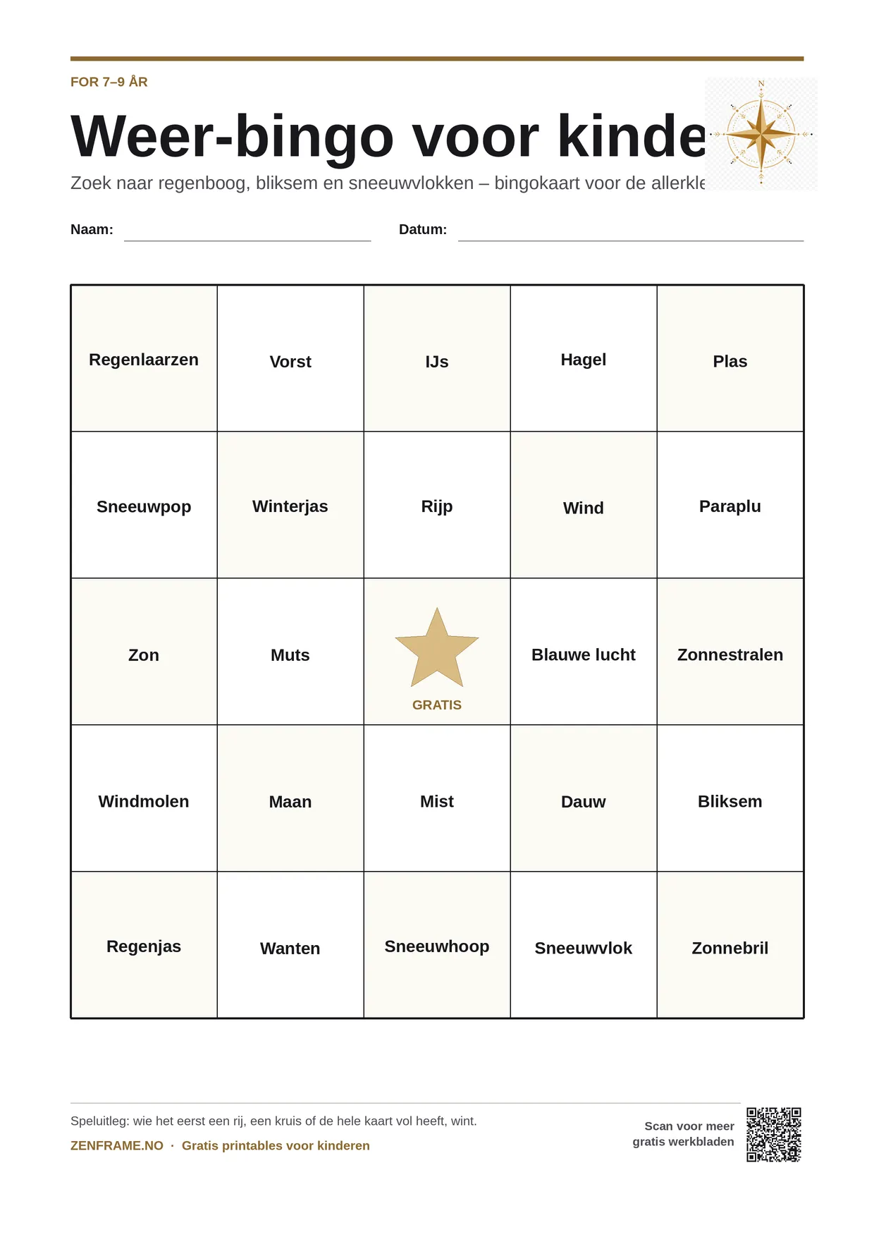 Weer-bingo voor kinderen 7–9 jaar – gratis printbare A4-kaart