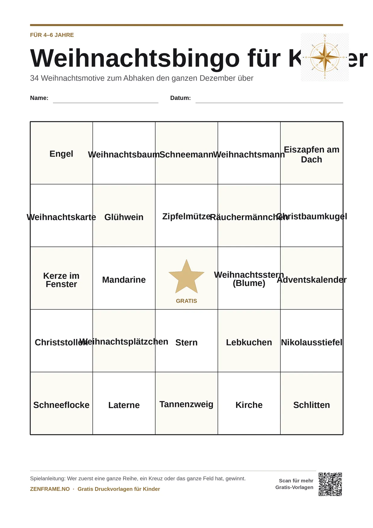 Weihnachtsbingo für Kinder 4–6 Jahre – kostenlose A4-Vorlage zum Ausdrucken