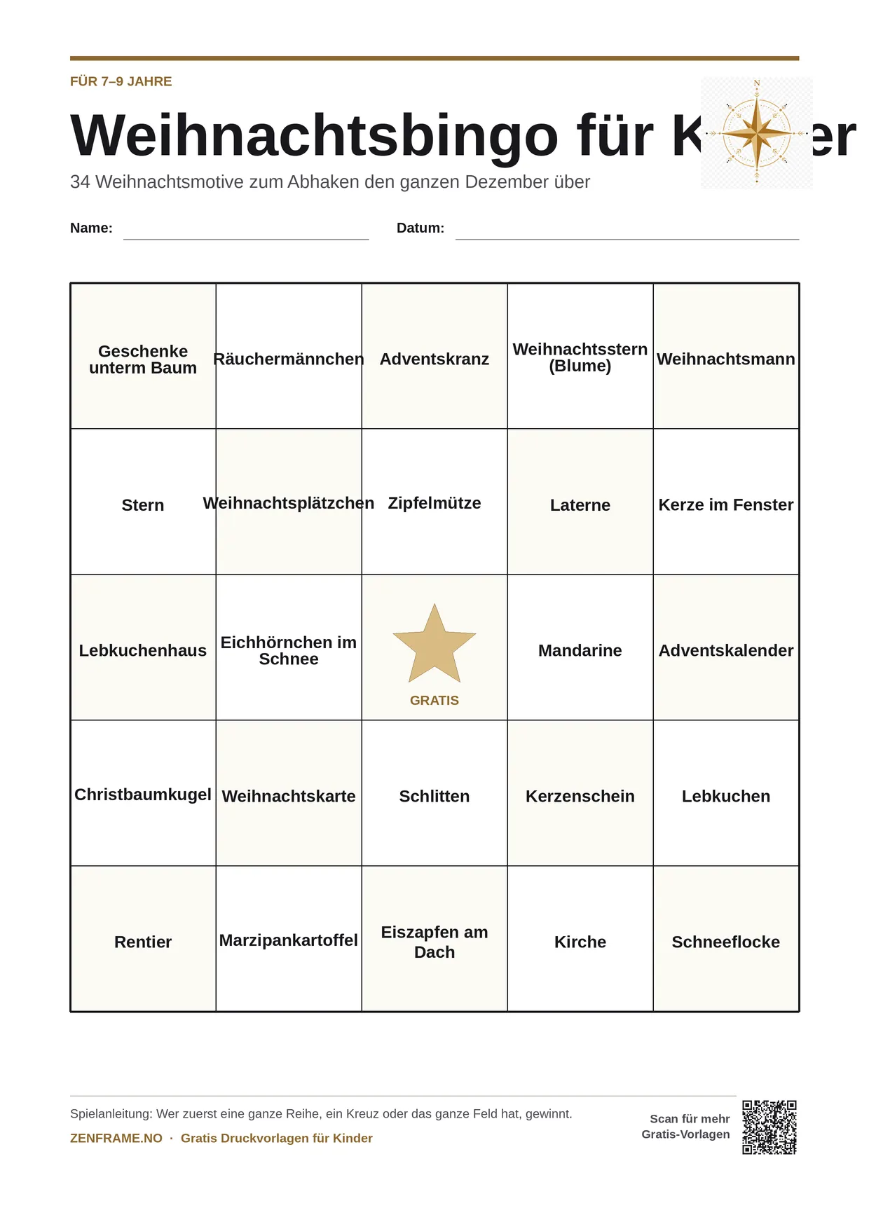 Weihnachtsbingo für Kinder 7–9 Jahre – kostenlose A4-Vorlage zum Ausdrucken
