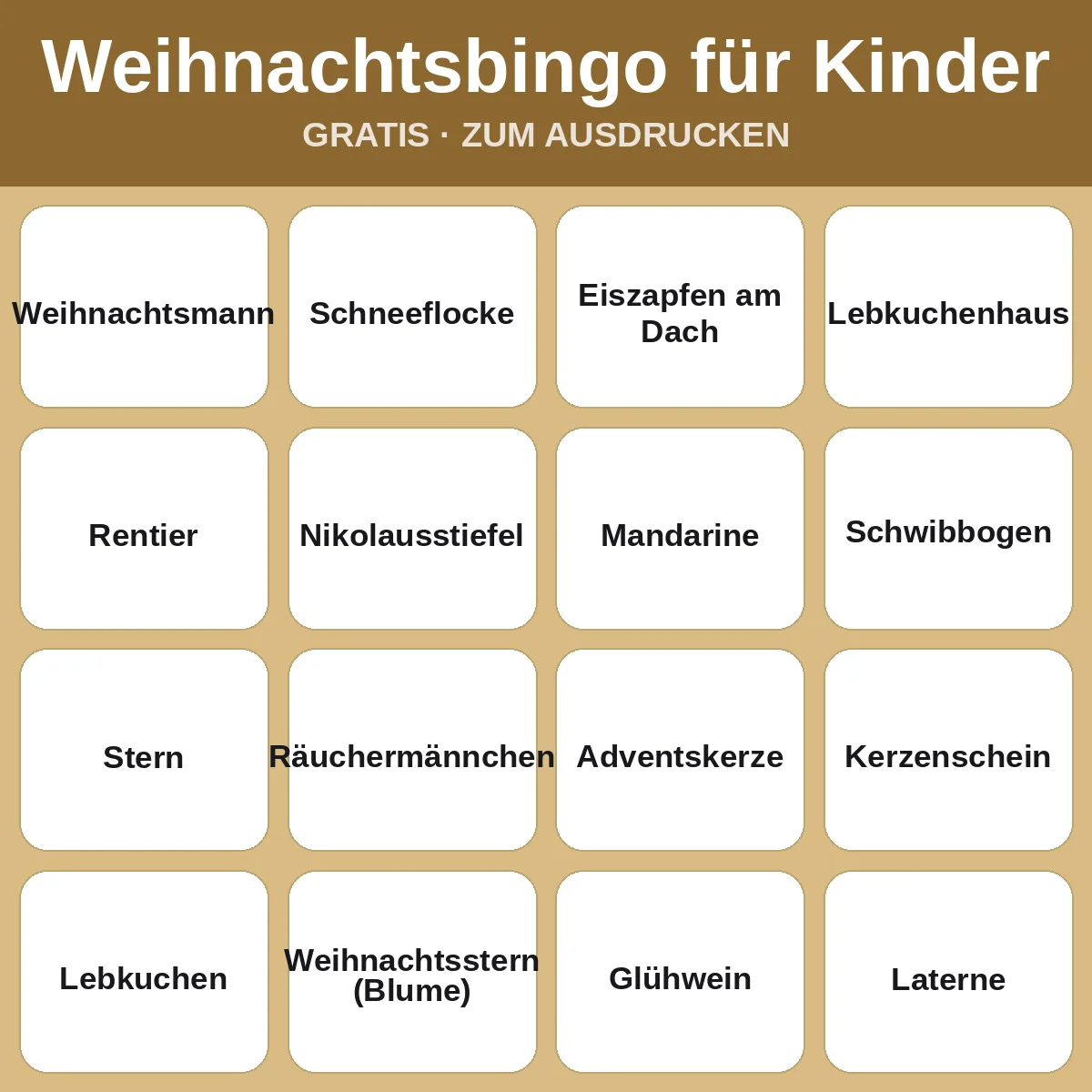 Weihnachtsbingo für Kinder – kostenloses Bingo zum Ausdrucken für Kinder