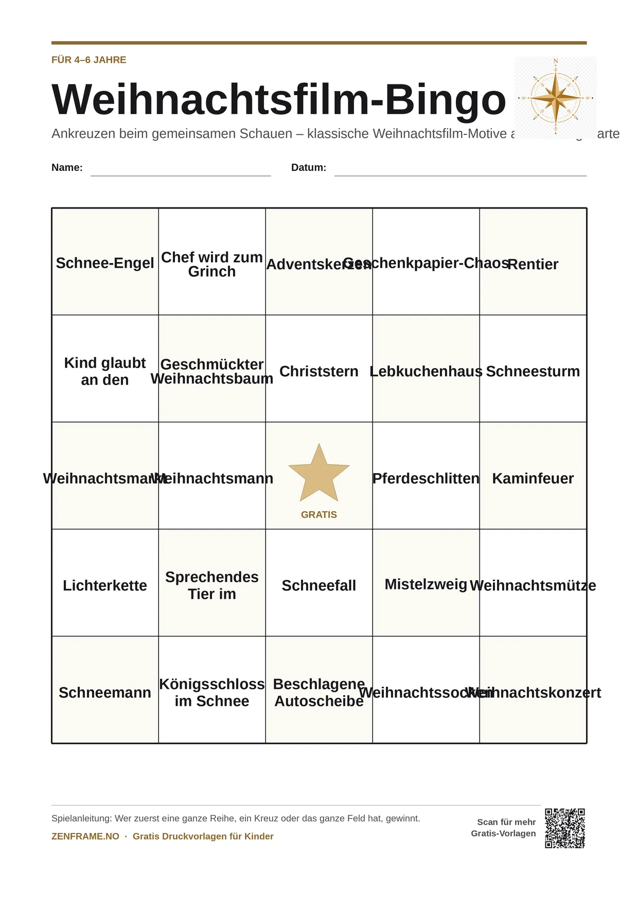 Weihnachtsfilm-Bingo für Kinder 4–6 Jahre – kostenlose A4-Vorlage zum Ausdrucken