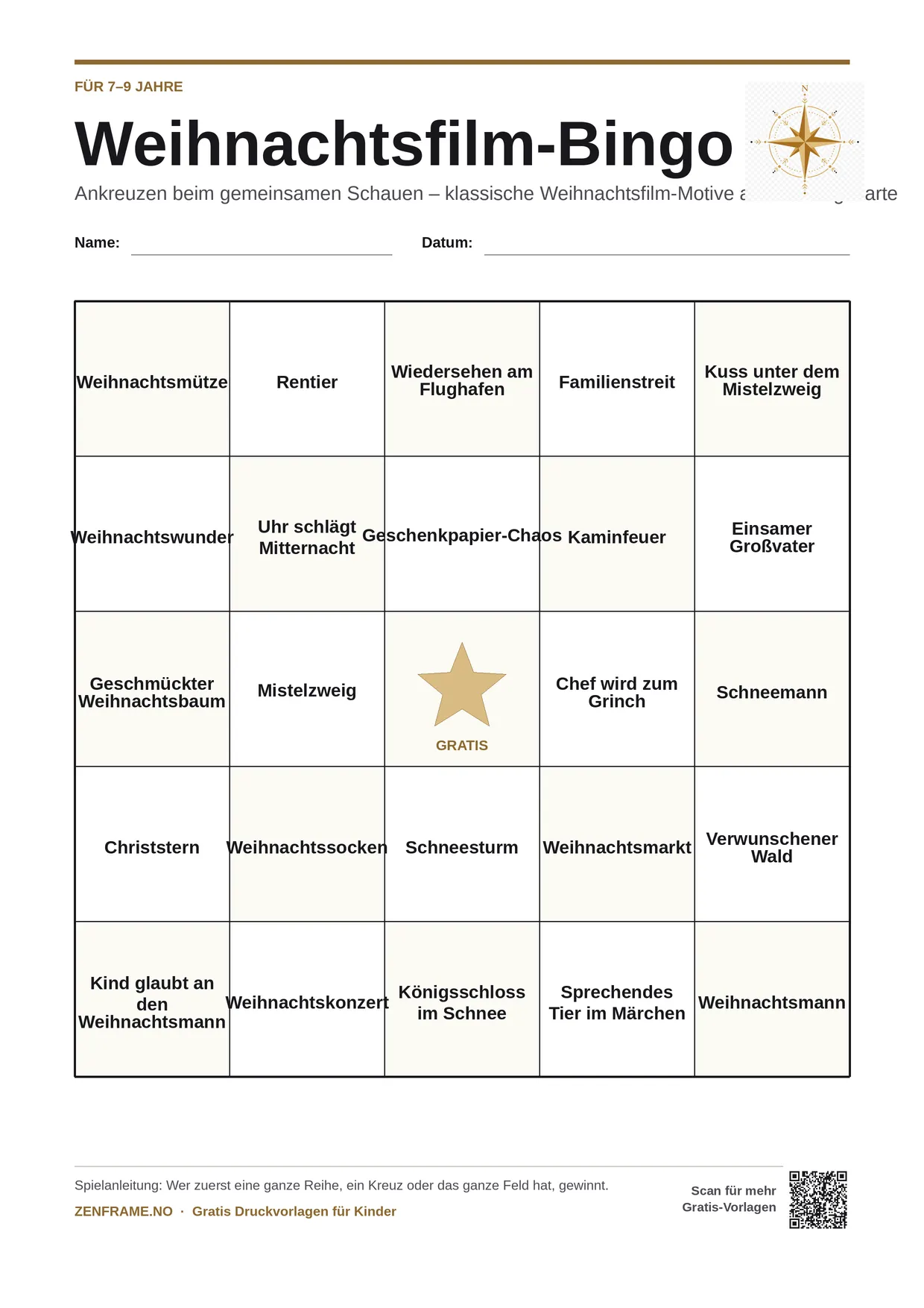 Weihnachtsfilm-Bingo für Kinder 7–9 Jahre – kostenlose A4-Vorlage zum Ausdrucken