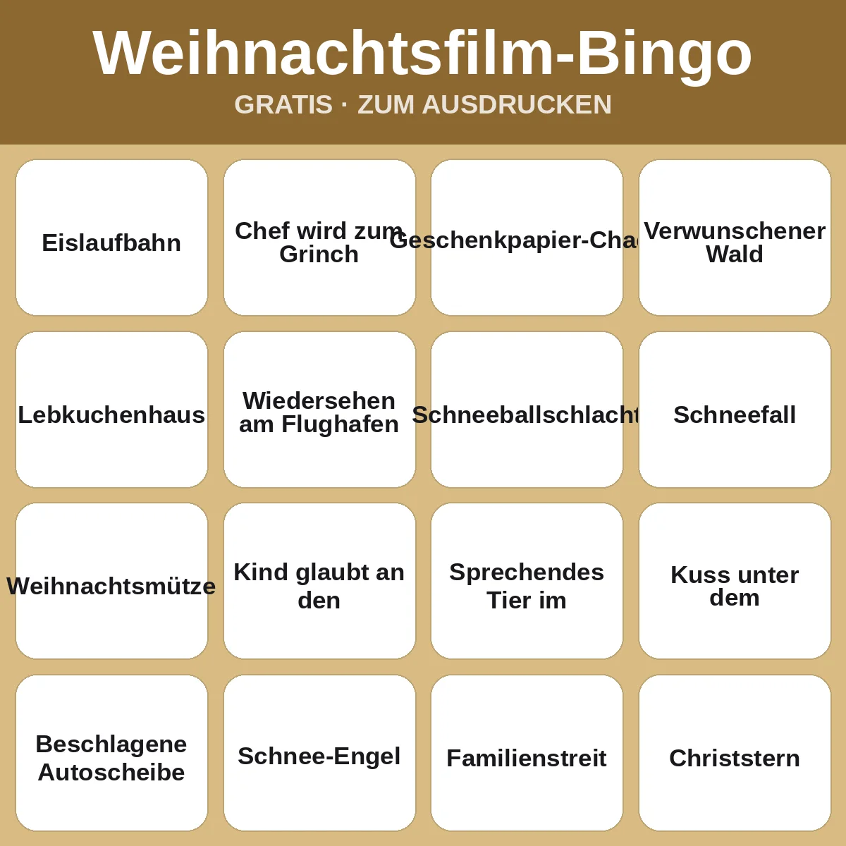 Weihnachtsfilm-Bingo – kostenloses Bingo zum Ausdrucken für Kinder
