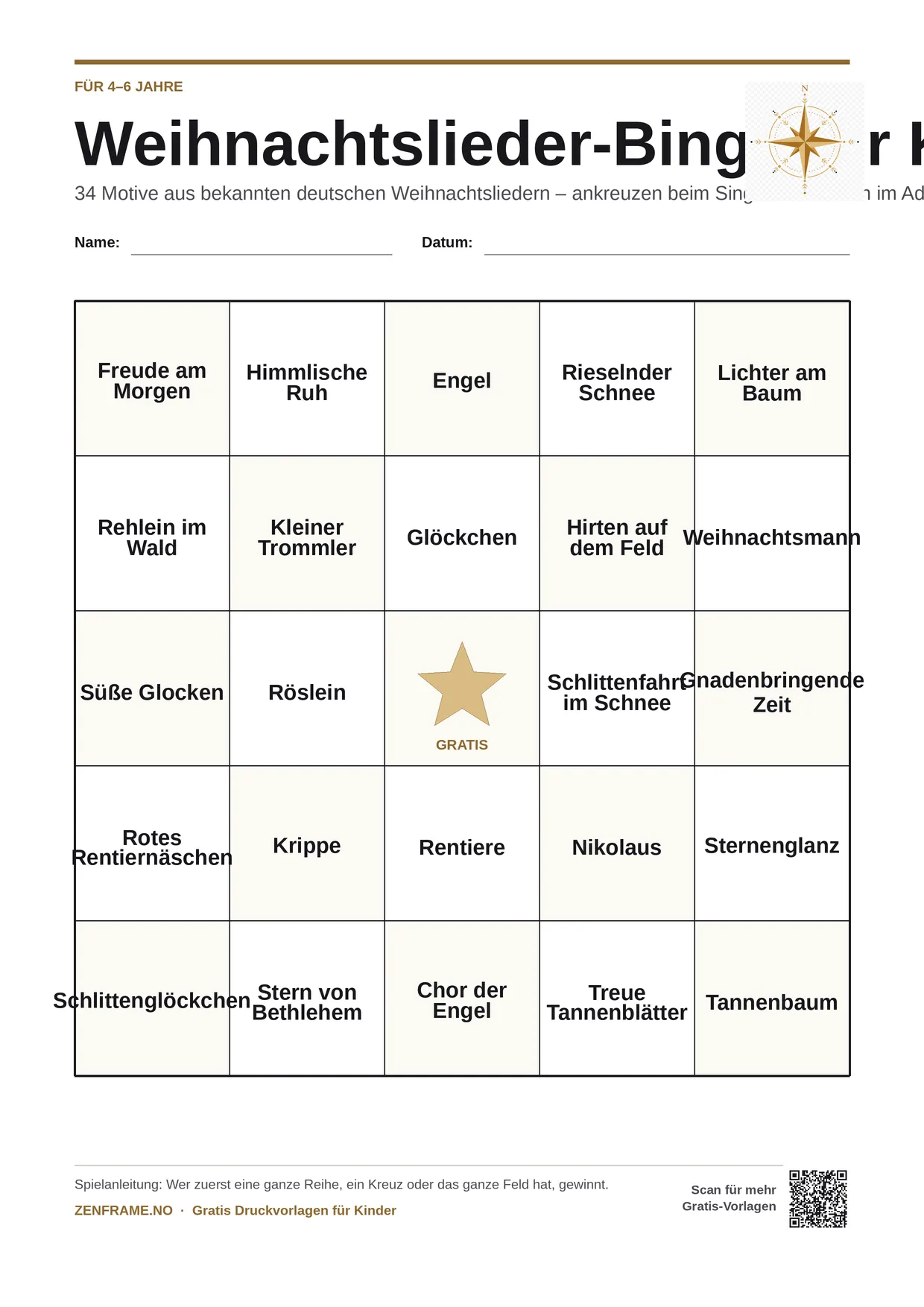 Weihnachtslieder-Bingo für Kinder 4–6 Jahre – kostenlose A4-Vorlage zum Ausdrucken