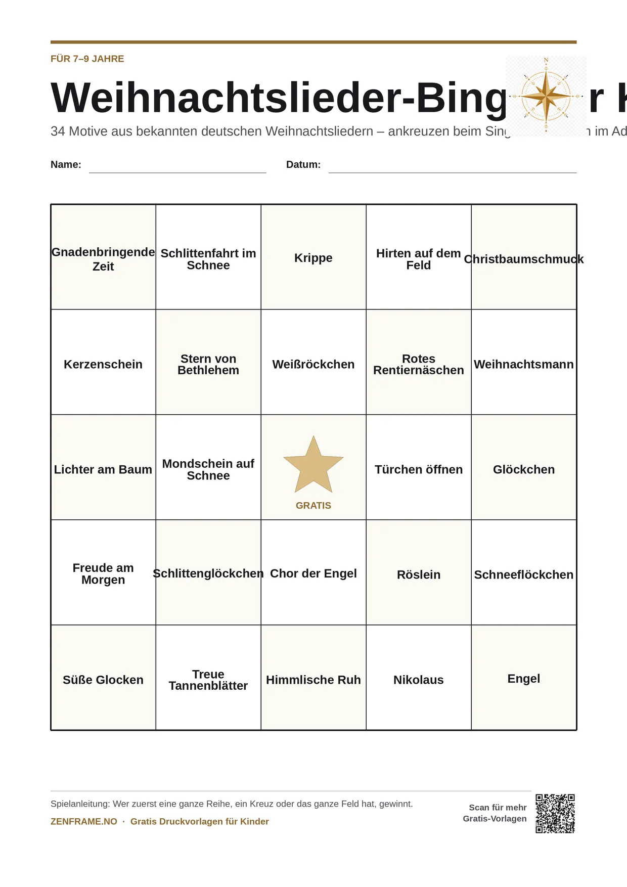 Weihnachtslieder-Bingo für Kinder 7–9 Jahre – kostenlose A4-Vorlage zum Ausdrucken