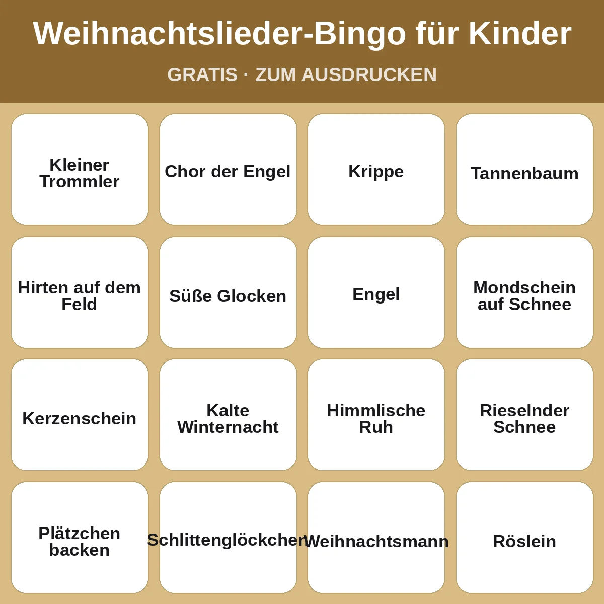 Weihnachtslieder-Bingo für Kinder – kostenloses Bingo zum Ausdrucken für Kinder
