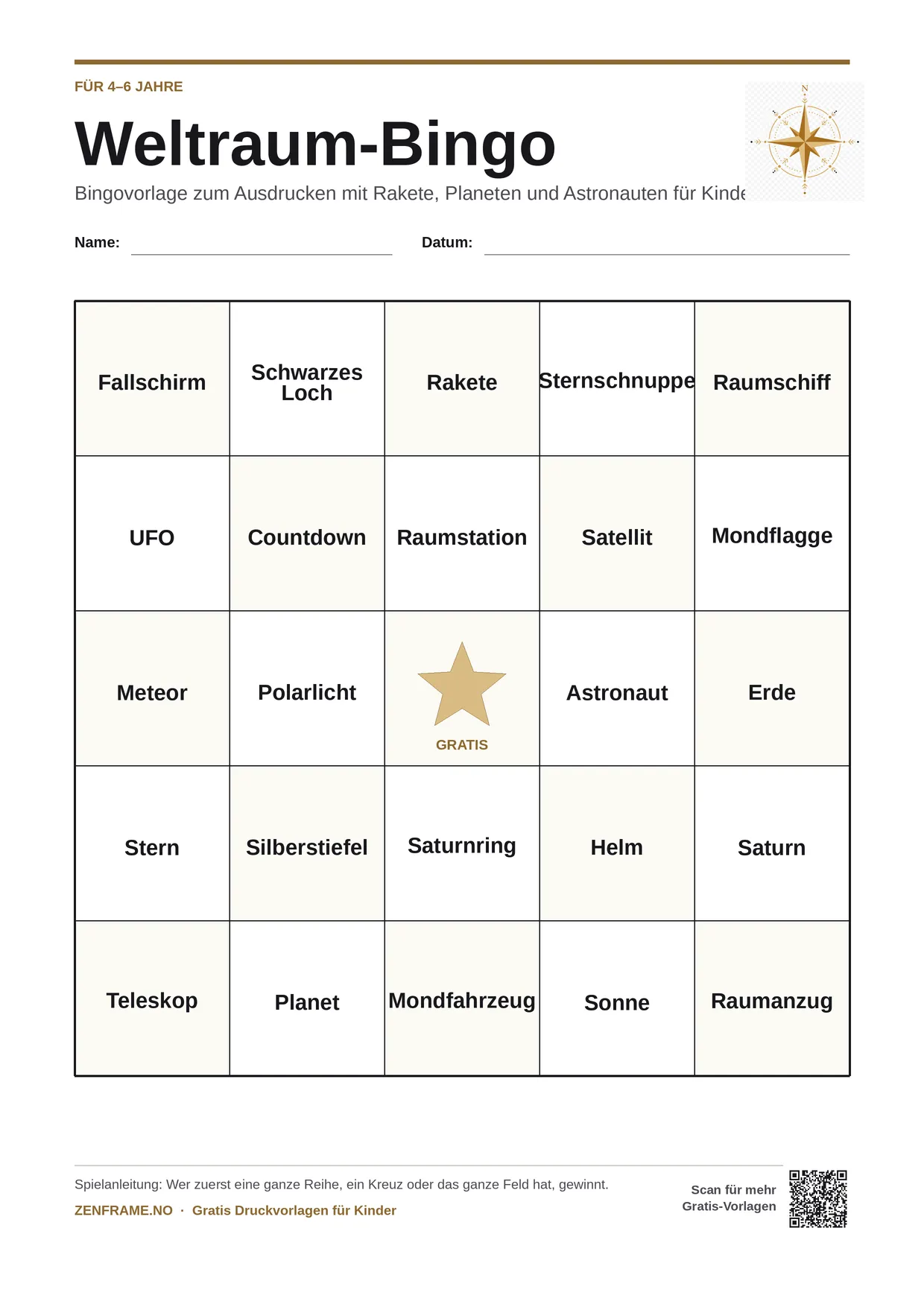Weltraum-Bingo für Kinder 4–6 Jahre – kostenlose A4-Vorlage zum Ausdrucken