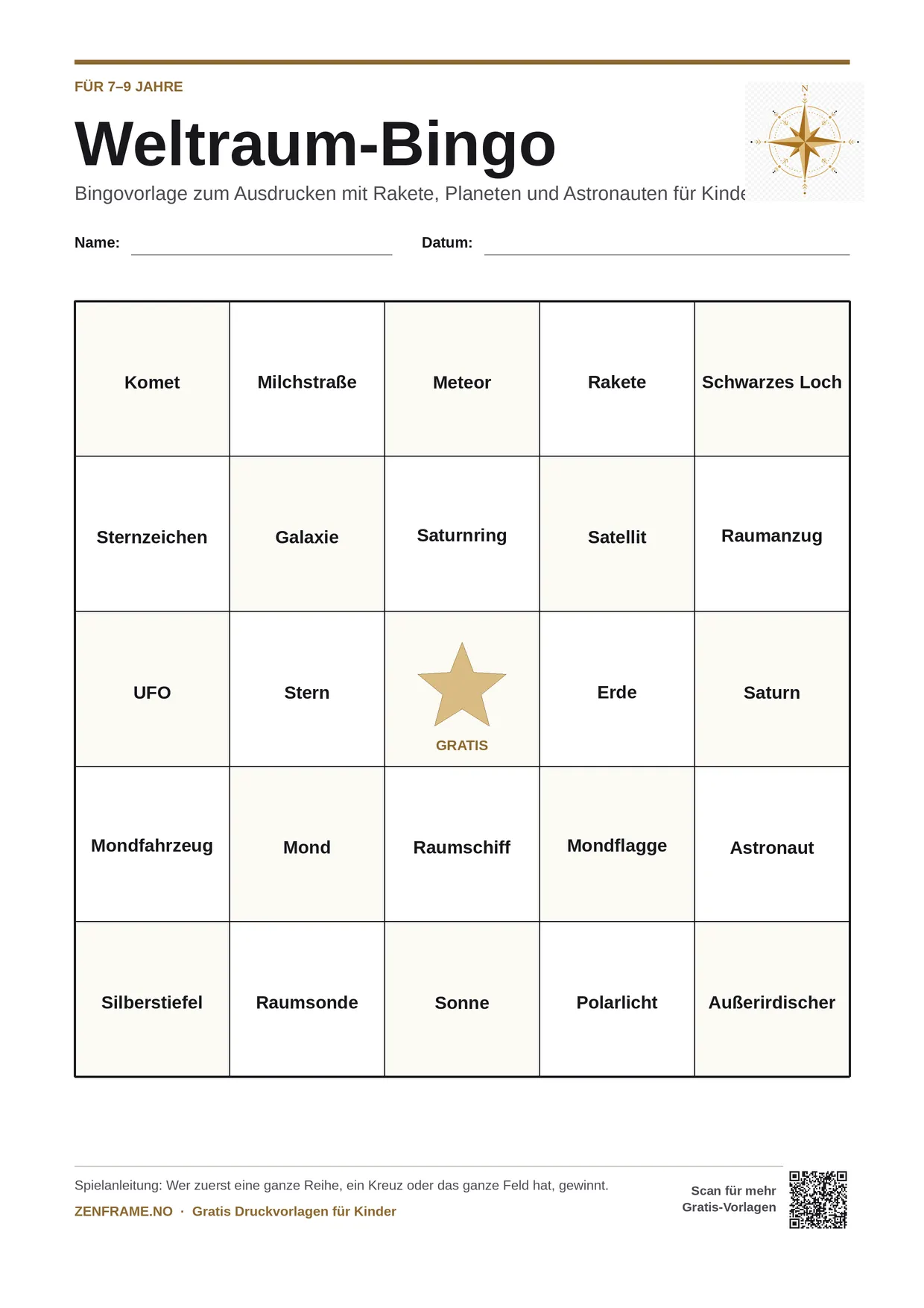 Weltraum-Bingo für Kinder 7–9 Jahre – kostenlose A4-Vorlage zum Ausdrucken