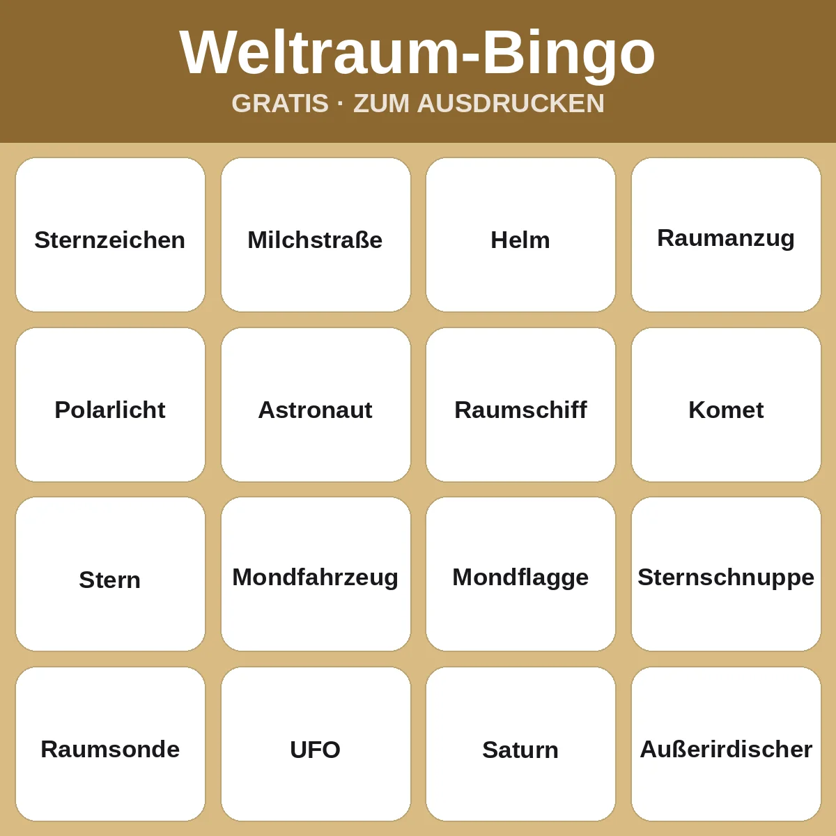 Weltraum-Bingo – kostenloses Bingo zum Ausdrucken für Kinder