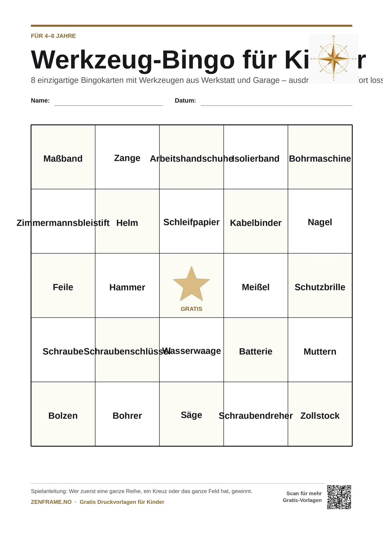 Werkzeug-Bingo für Kinder 4–6 Jahre – kostenlose A4-Vorlage zum Ausdrucken