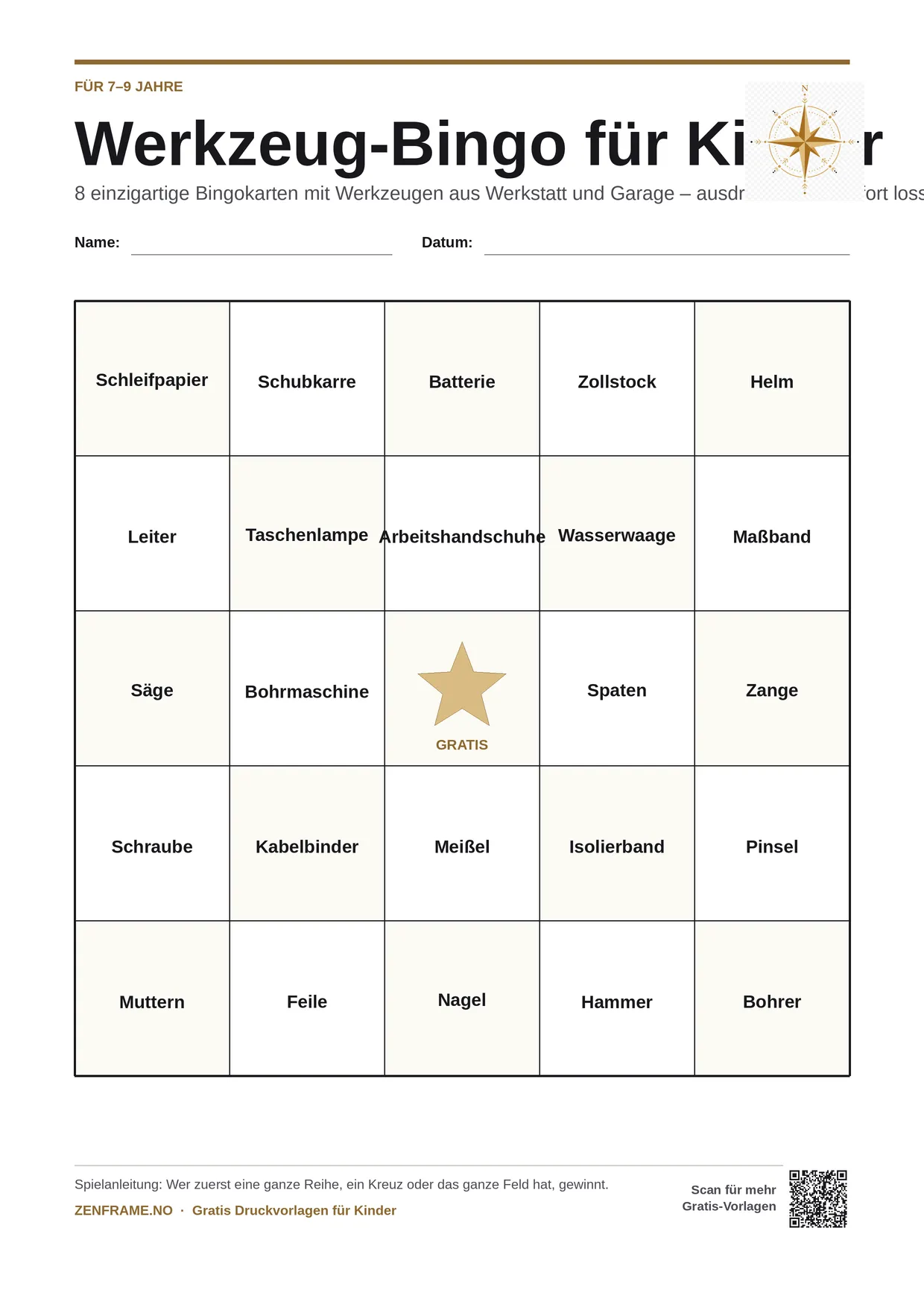 Werkzeug-Bingo für Kinder 7–9 Jahre – kostenlose A4-Vorlage zum Ausdrucken