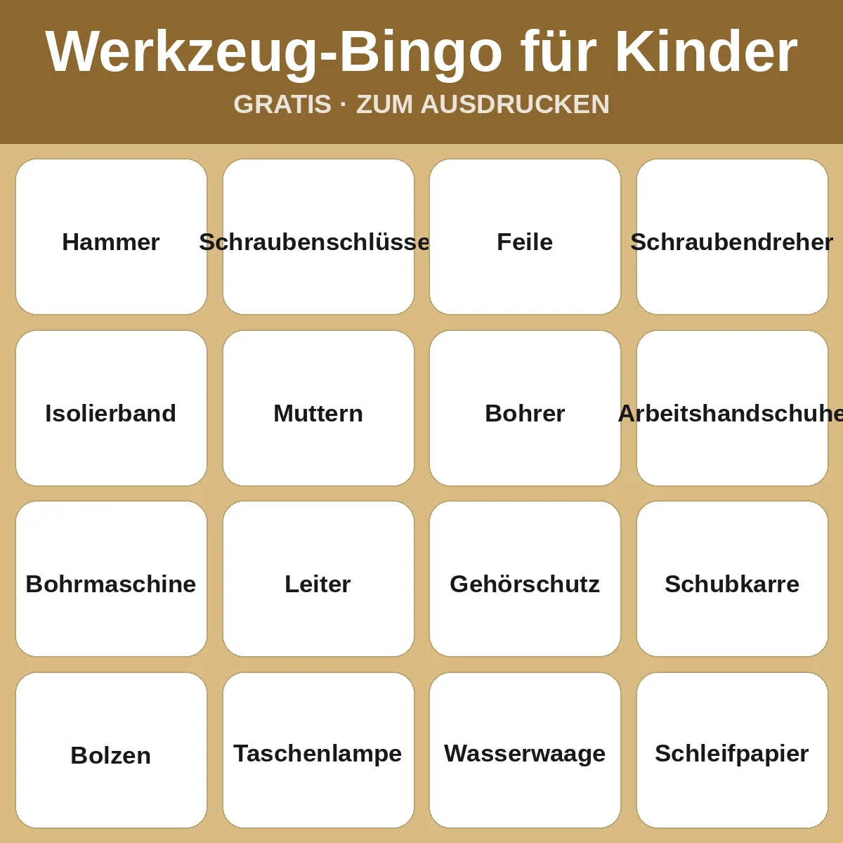Werkzeug-Bingo für Kinder – kostenloses Bingo zum Ausdrucken für Kinder
