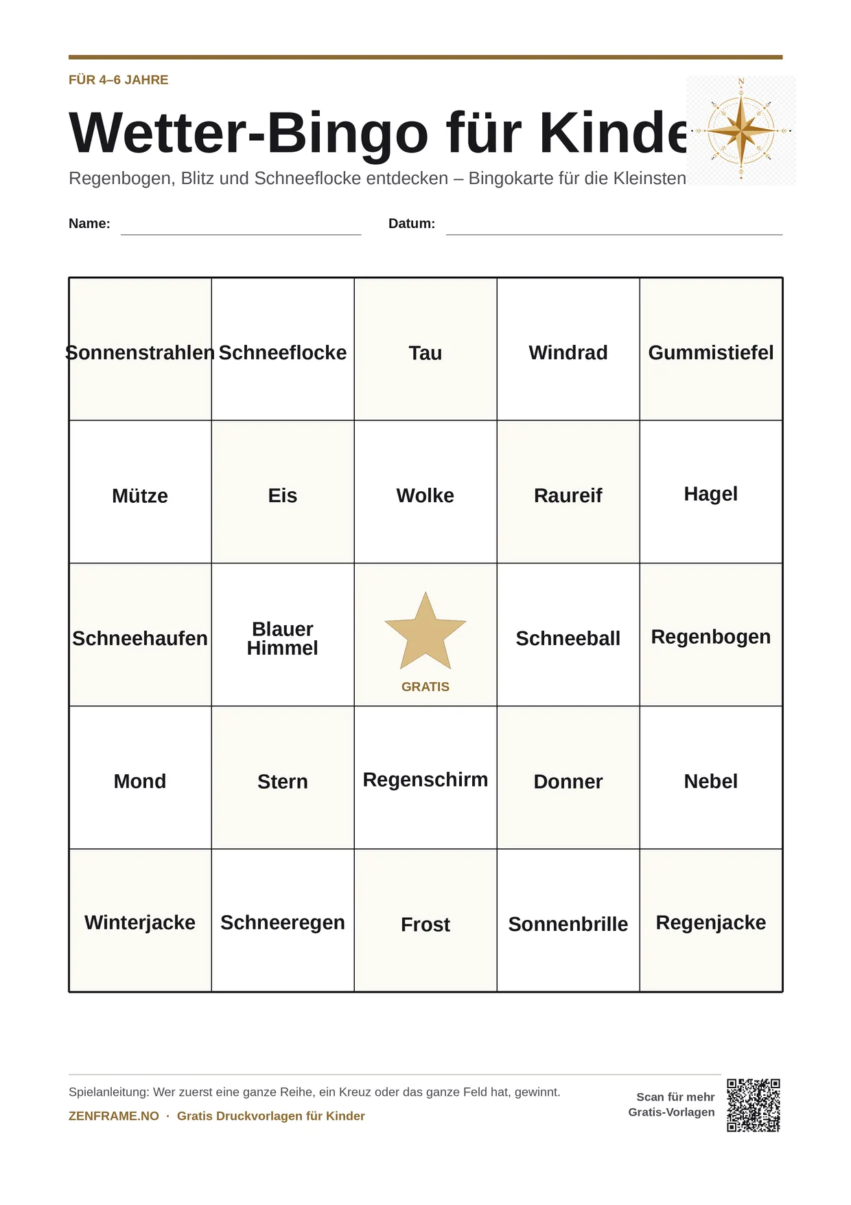 Wetter-Bingo für Kinder 4–6 Jahre – kostenlose A4-Vorlage zum Ausdrucken