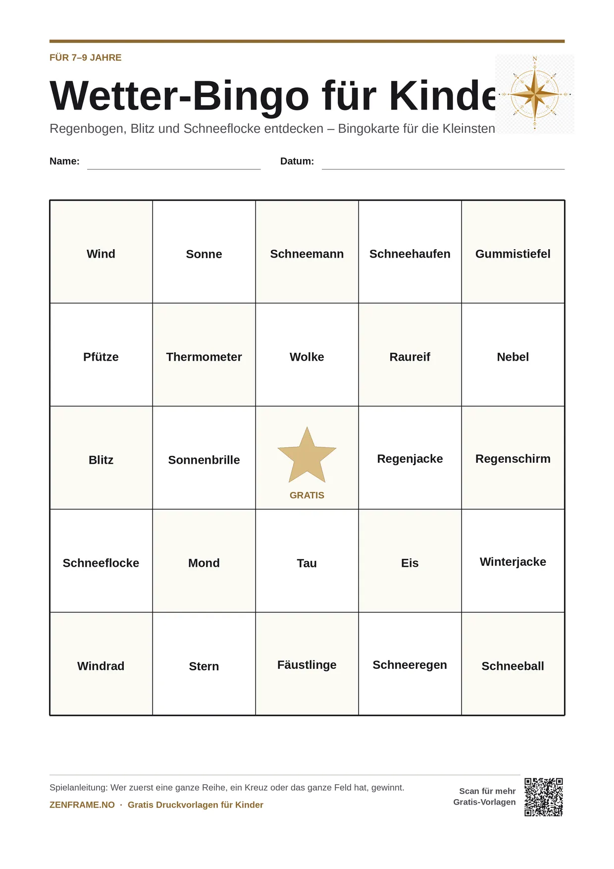 Wetter-Bingo für Kinder 7–9 Jahre – kostenlose A4-Vorlage zum Ausdrucken