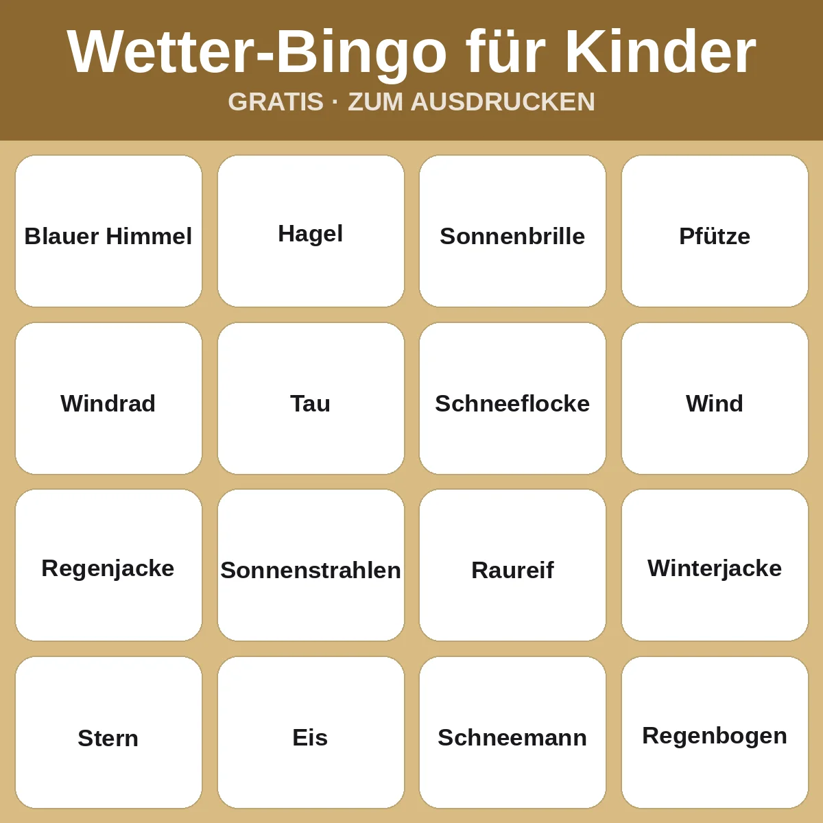 Wetter-Bingo für Kinder – kostenloses Bingo zum Ausdrucken für Kinder