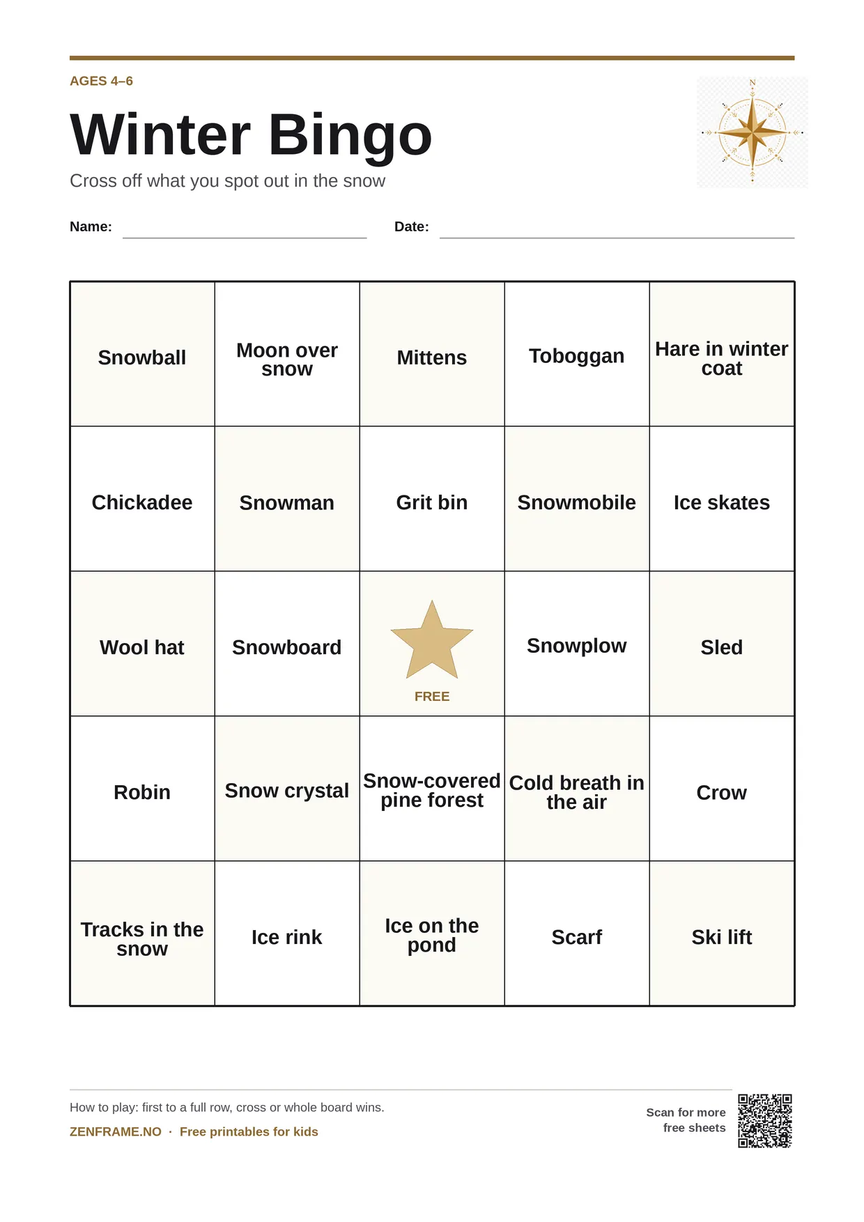 Winter Bingo for kids ages 4–6 – free printable A4 board