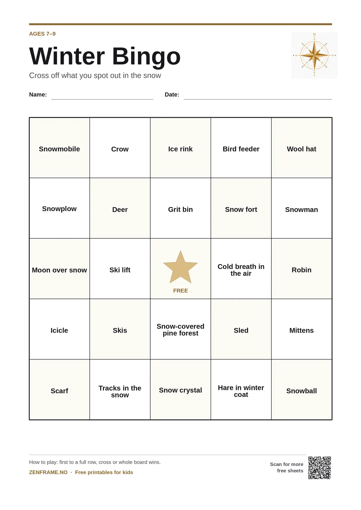 Winter Bingo for kids ages 7–9 – free printable A4 board