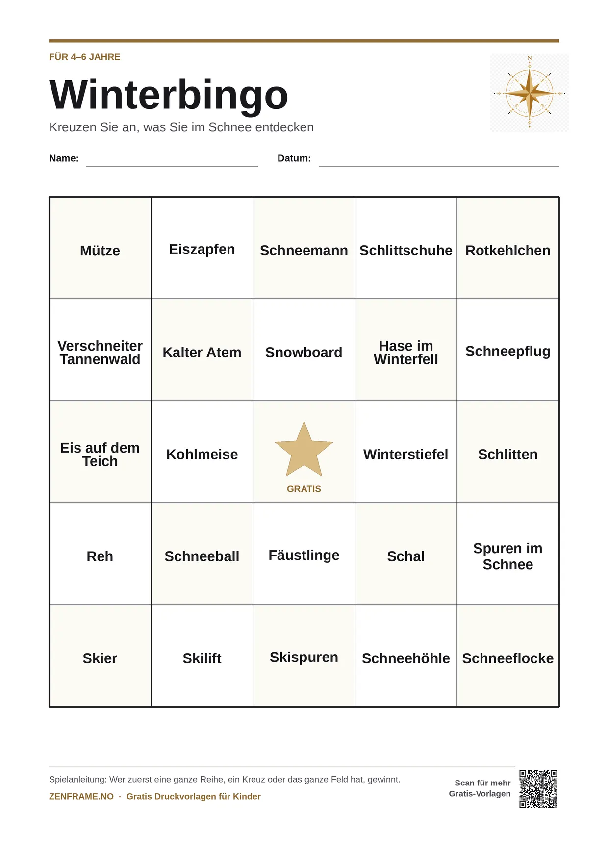 Winterbingo für Kinder 4–6 Jahre – kostenlose A4-Vorlage zum Ausdrucken