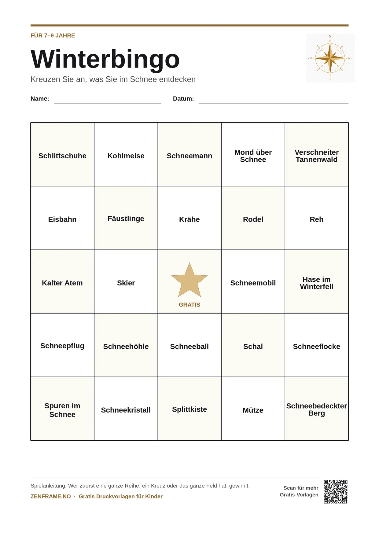 Winterbingo für Kinder 7–9 Jahre – kostenlose A4-Vorlage zum Ausdrucken