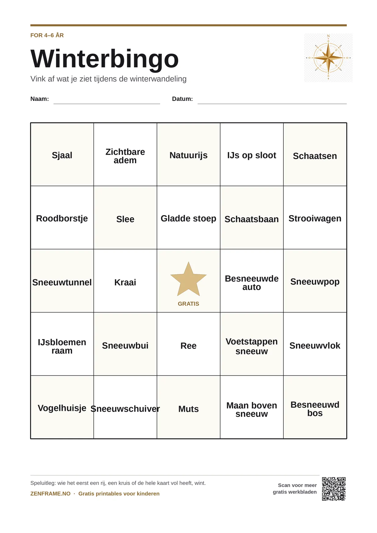 Winterbingo voor kinderen 4–6 jaar – gratis printbare A4-kaart