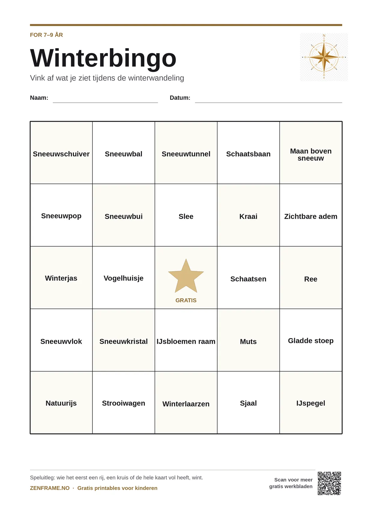 Winterbingo voor kinderen 7–9 jaar – gratis printbare A4-kaart