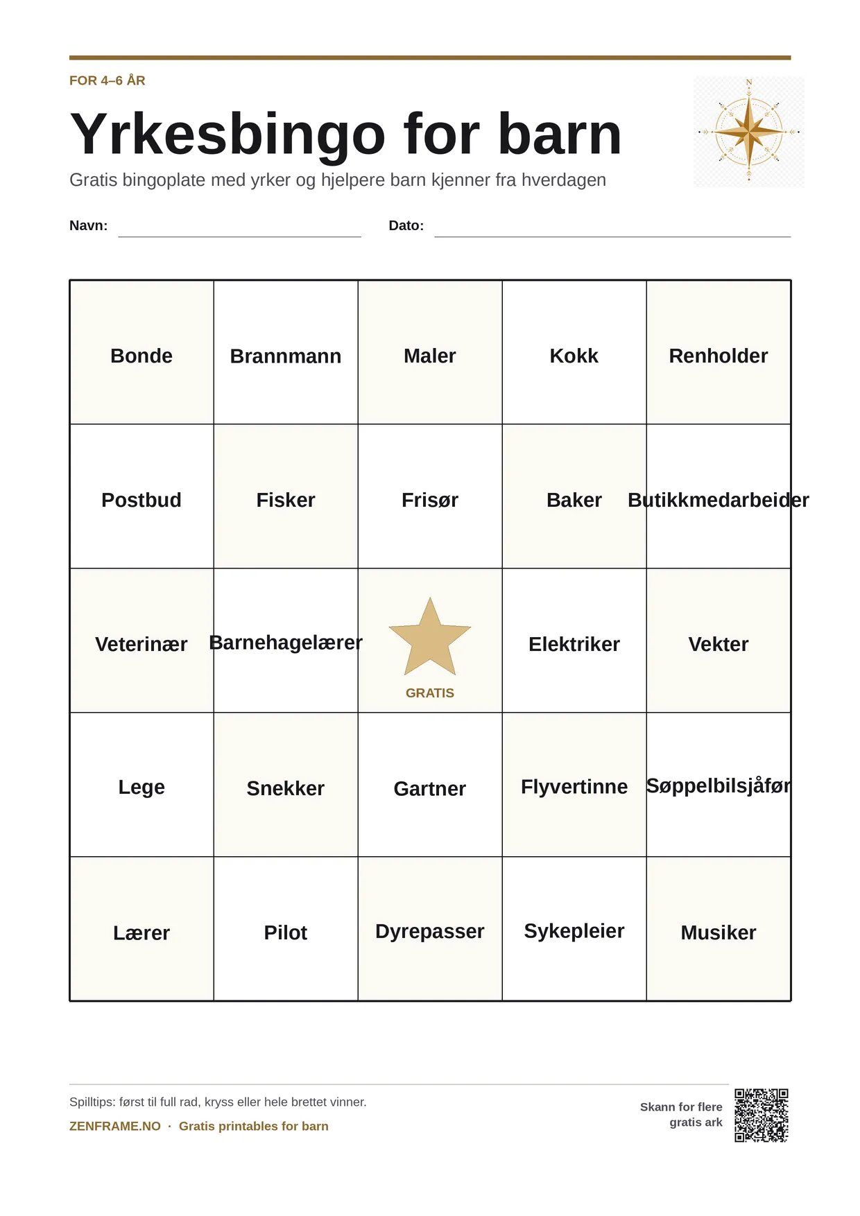 Yrkesbingo for barn 4–6 år – gratis utskrivbart A4-brett