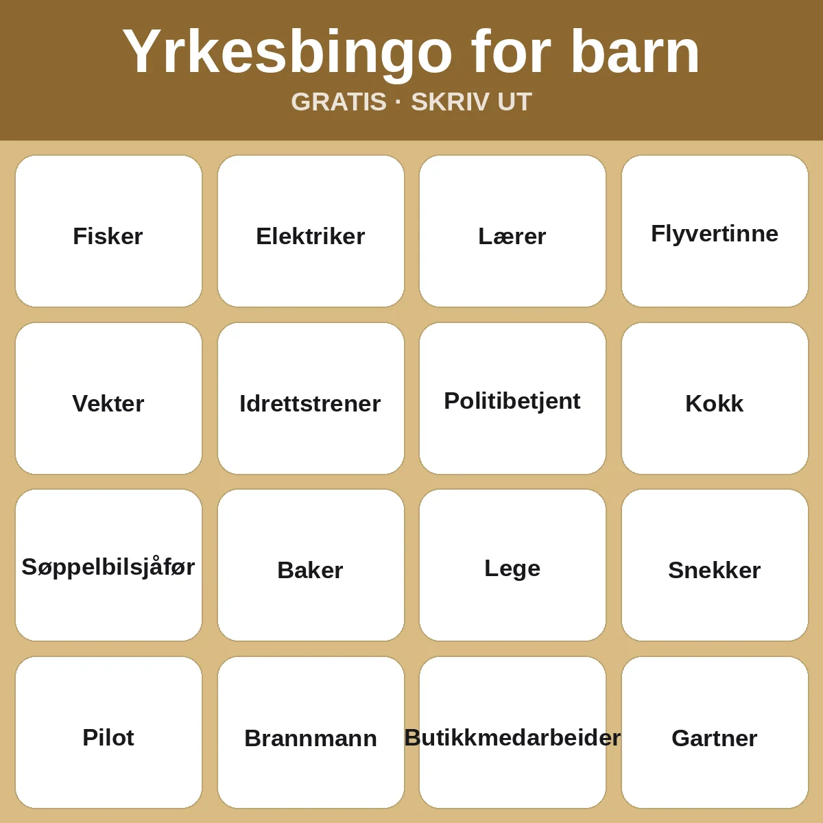 Yrkesbingo for barn – gratis bingo til utskrift for barn