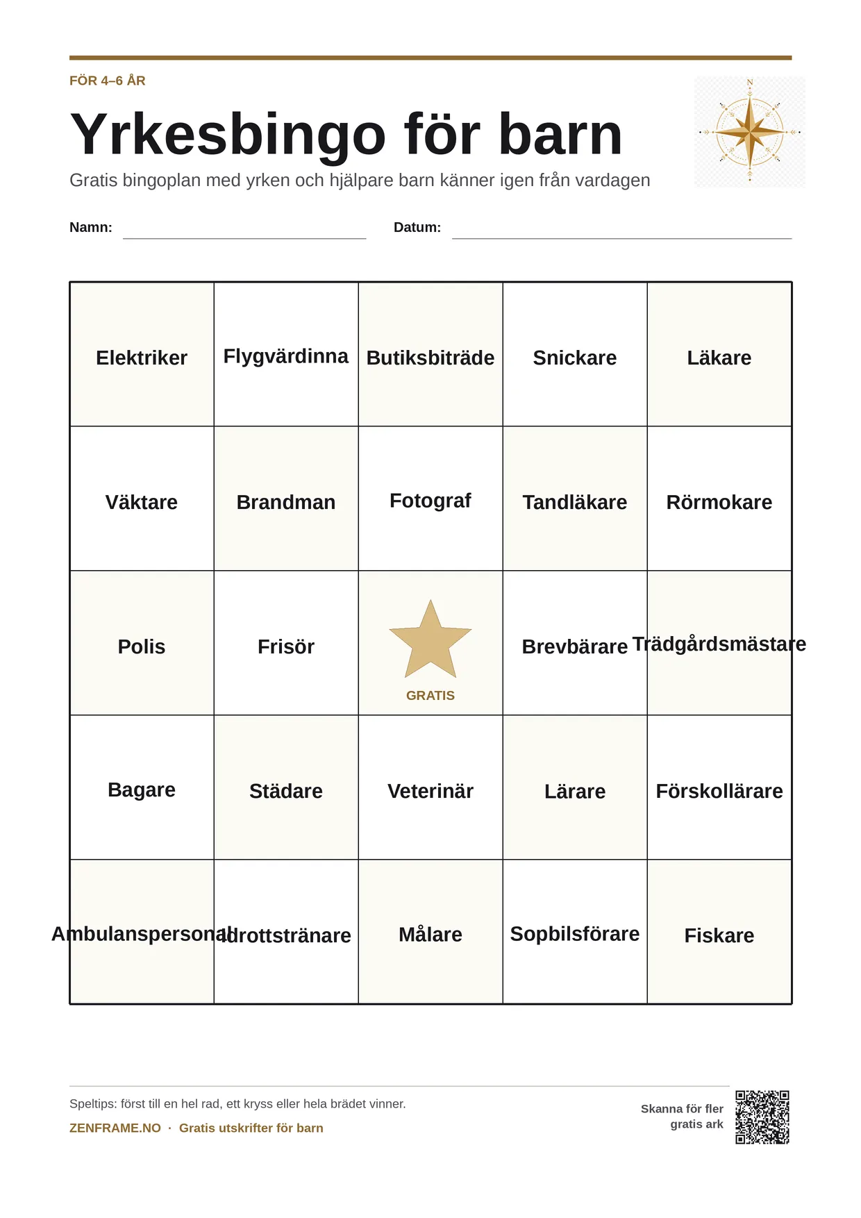 Yrkesbingo för barn 4–6 år – gratis utskrivbart A4-bräde