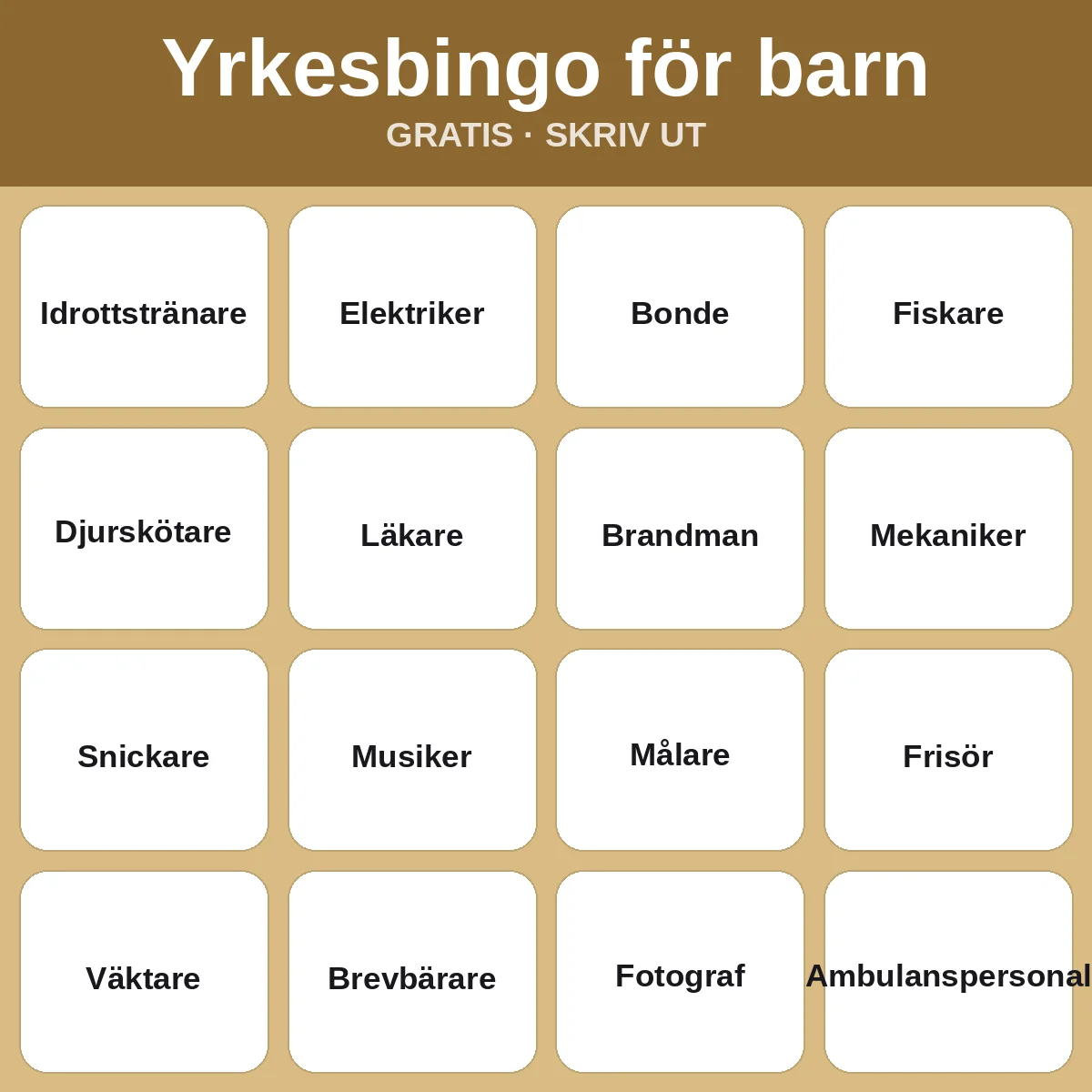 Yrkesbingo för barn – gratis bingo att skriva ut för barn