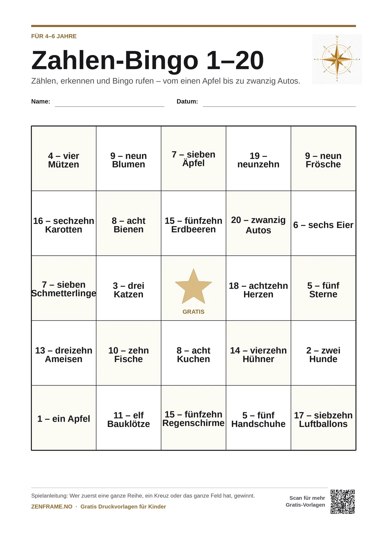 Zahlen-Bingo 1–20 für Kinder 4–6 Jahre – kostenlose A4-Vorlage zum Ausdrucken