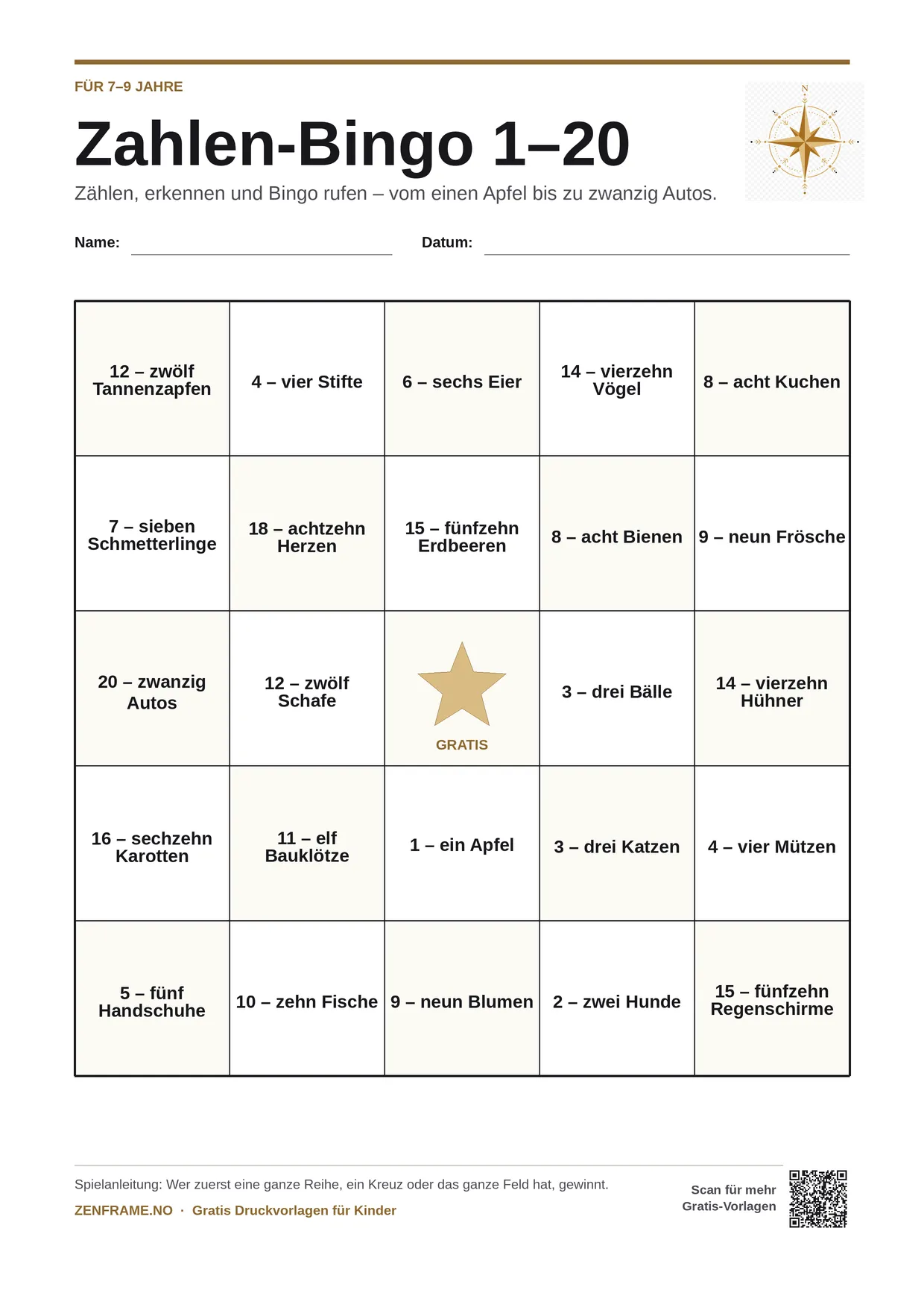 Zahlen-Bingo 1–20 für Kinder 7–9 Jahre – kostenlose A4-Vorlage zum Ausdrucken