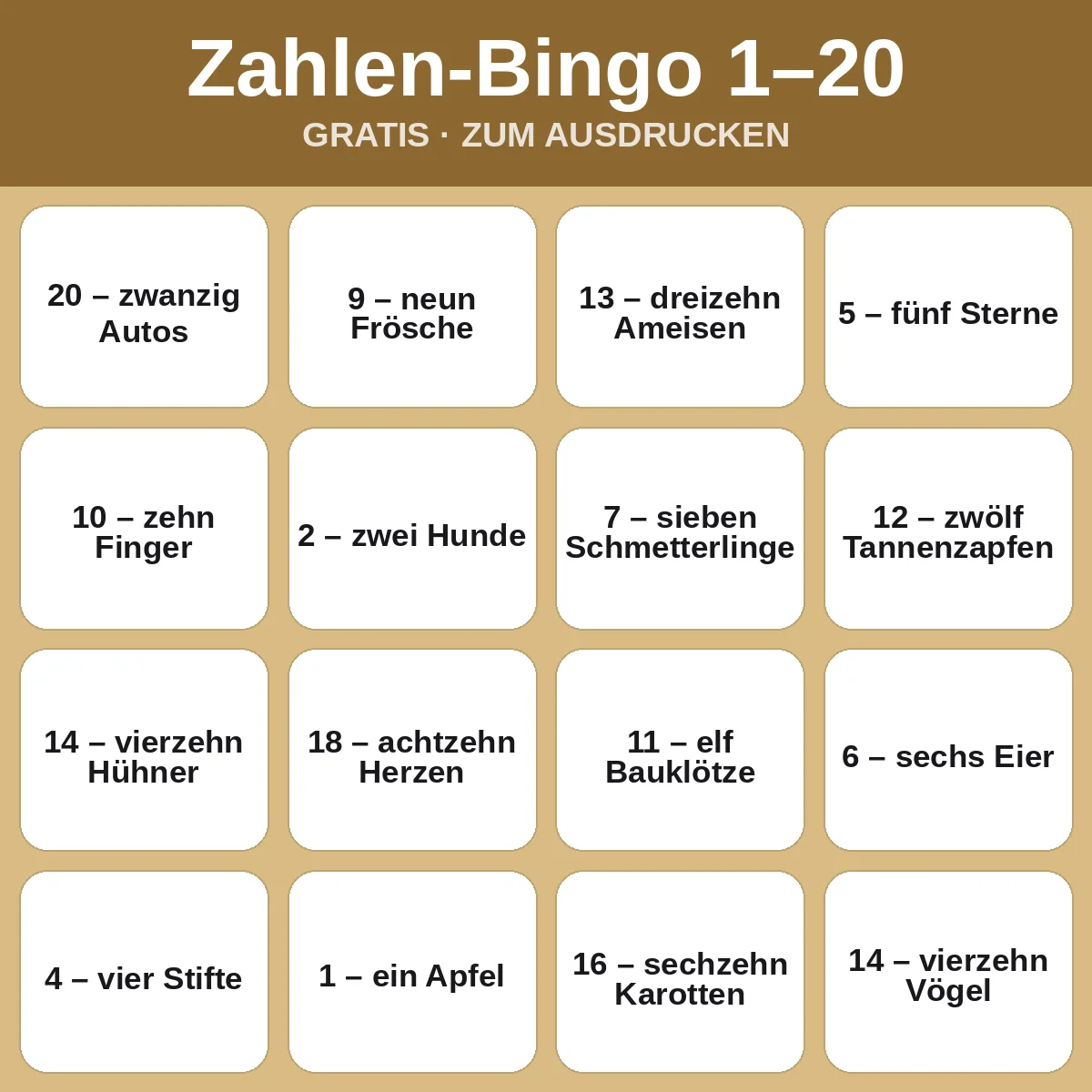 Zahlen-Bingo 1–20 – kostenloses Bingo zum Ausdrucken für Kinder