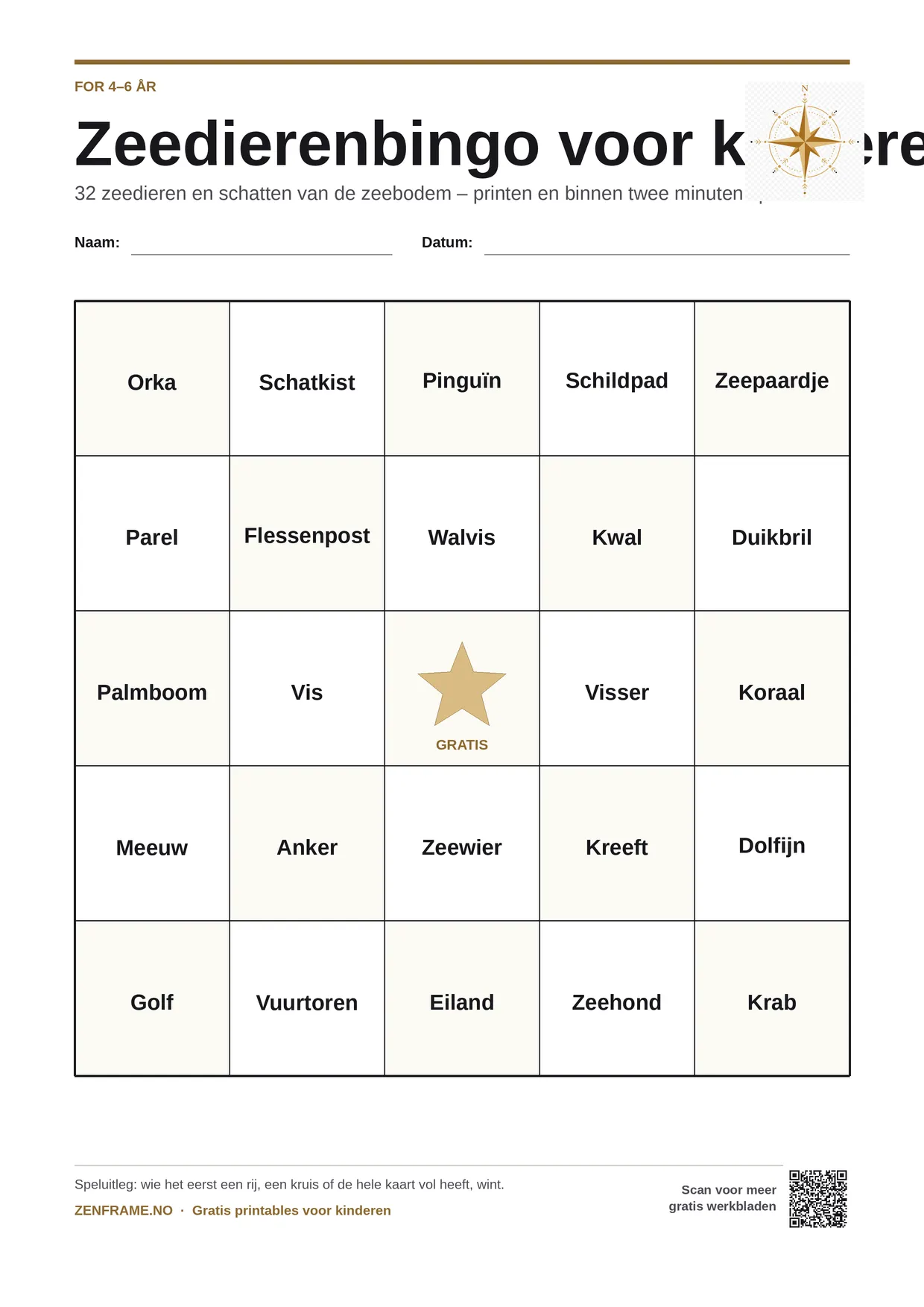 Zeedierenbingo voor kinderen 4–6 jaar – gratis printbare A4-kaart