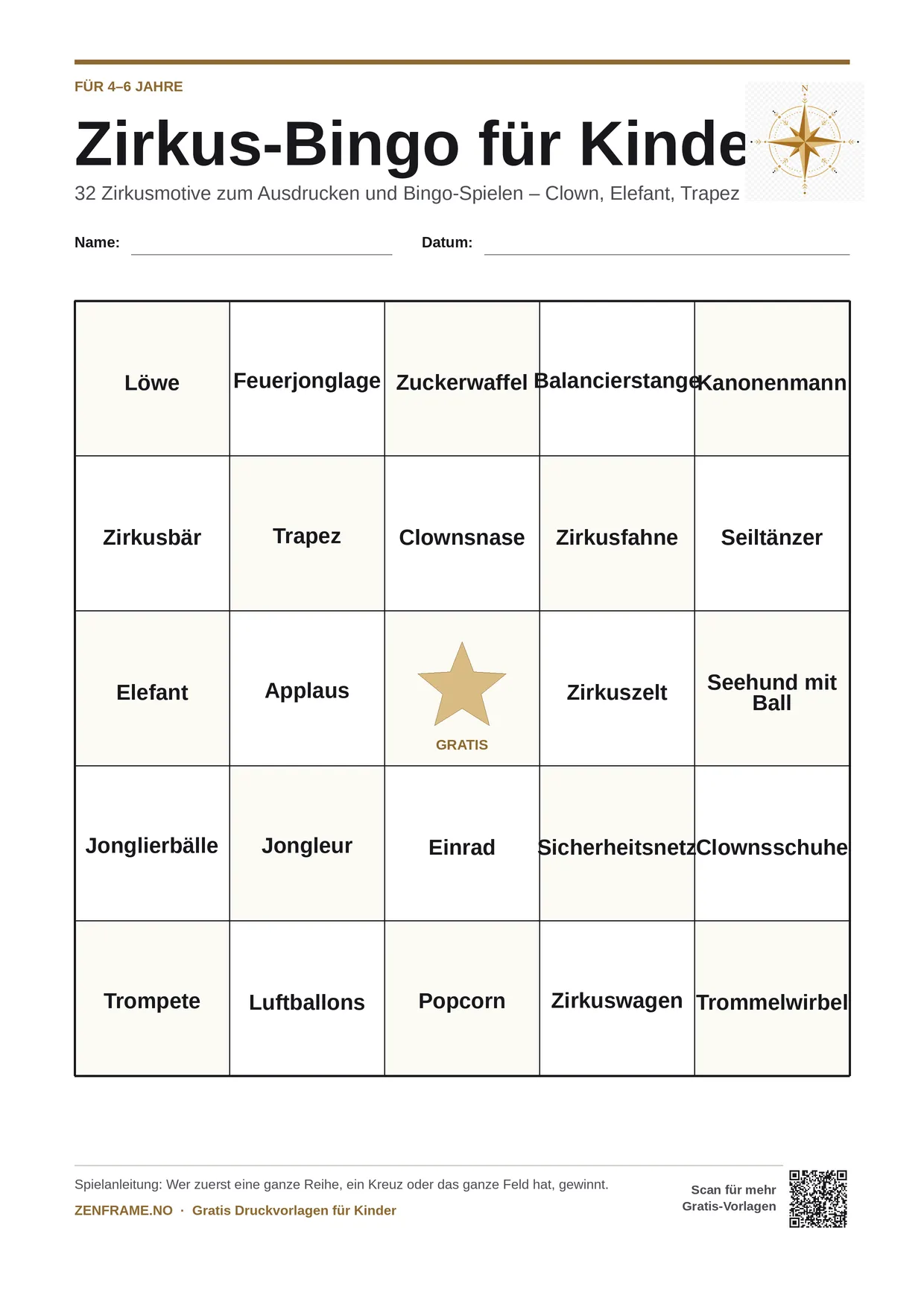Zirkus-Bingo für Kinder 4–6 Jahre – kostenlose A4-Vorlage zum Ausdrucken