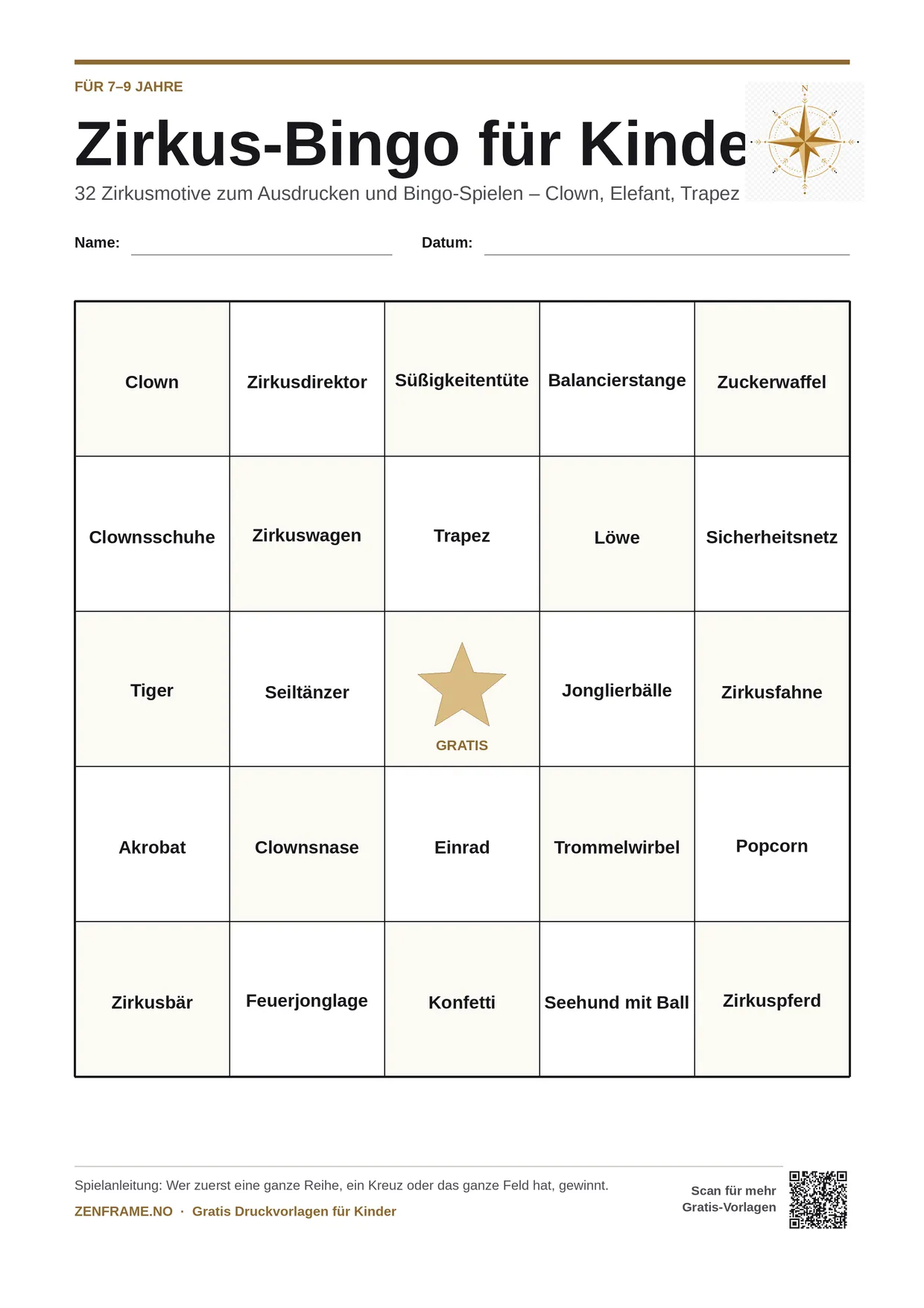 Zirkus-Bingo für Kinder 7–9 Jahre – kostenlose A4-Vorlage zum Ausdrucken