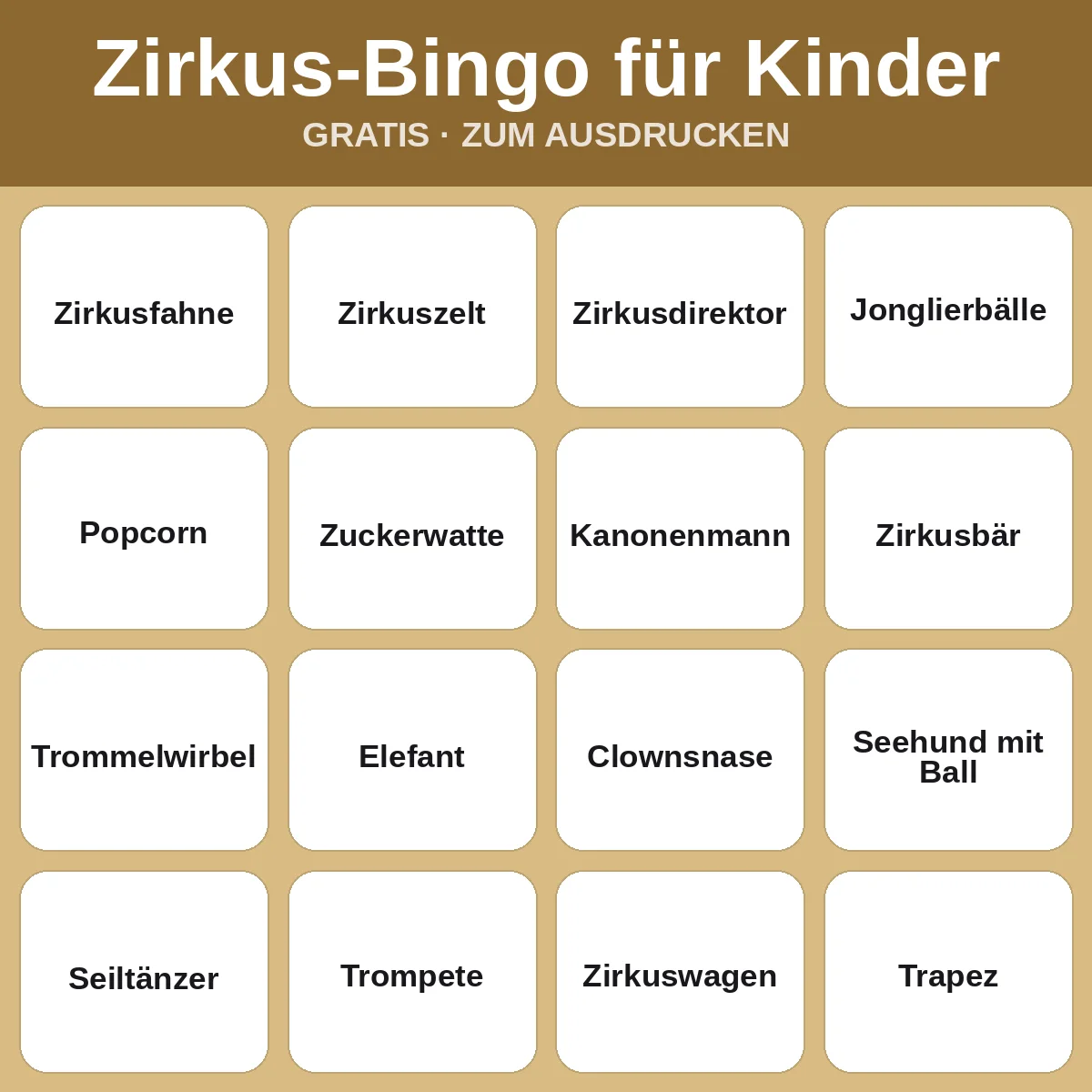 Zirkus-Bingo für Kinder – kostenloses Bingo zum Ausdrucken für Kinder