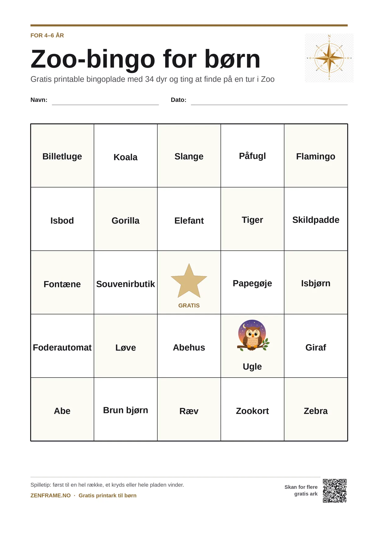 Zoo-bingo for børn 4–6 år – gratis printbar A4-plade