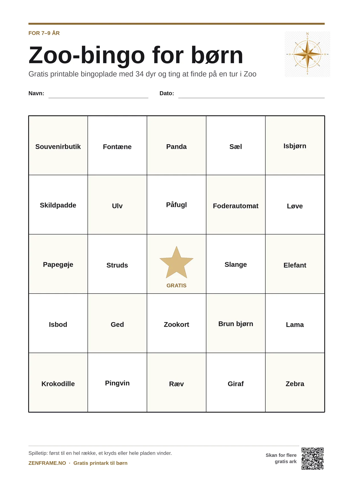 Zoo-bingo for børn 7–9 år – gratis printbar A4-plade