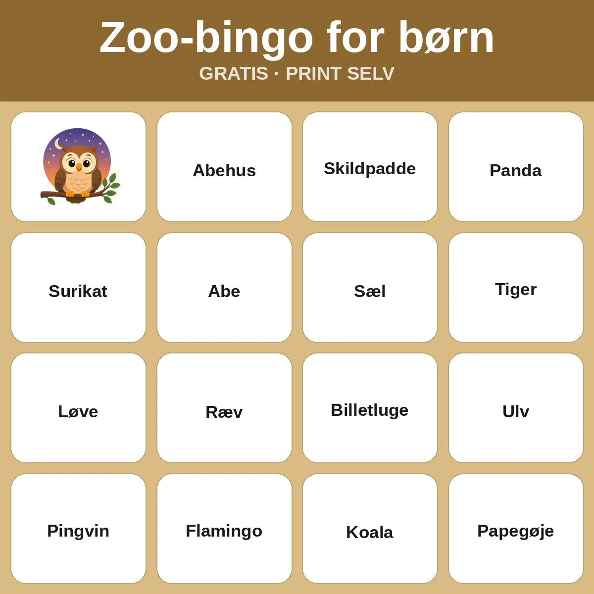 Zoo-bingo for børn – gratis bingo til print for børn
