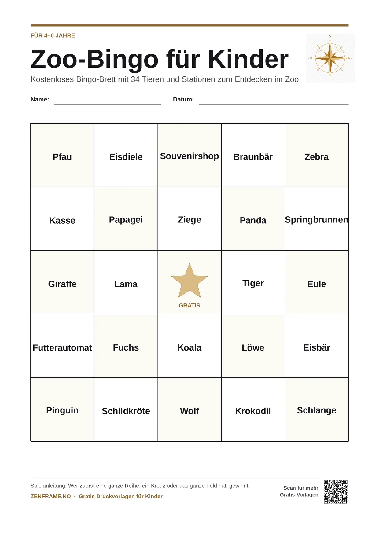 Zoo-Bingo für Kinder 4–6 Jahre – kostenlose A4-Vorlage zum Ausdrucken