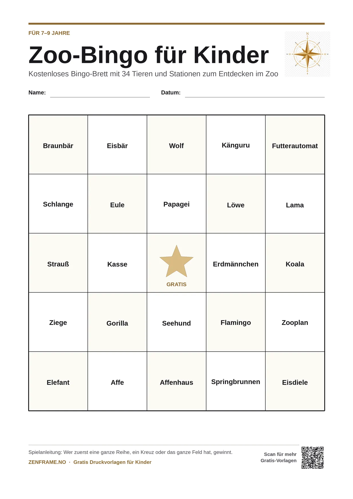 Zoo-Bingo für Kinder 7–9 Jahre – kostenlose A4-Vorlage zum Ausdrucken