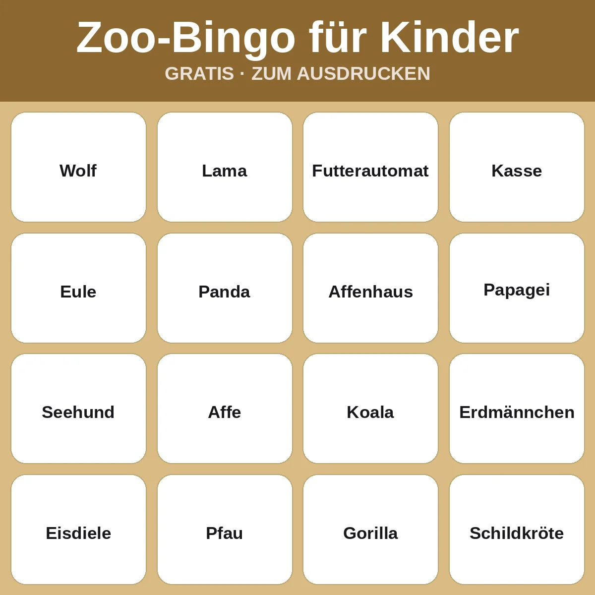 Zoo-Bingo für Kinder – kostenloses Bingo zum Ausdrucken für Kinder