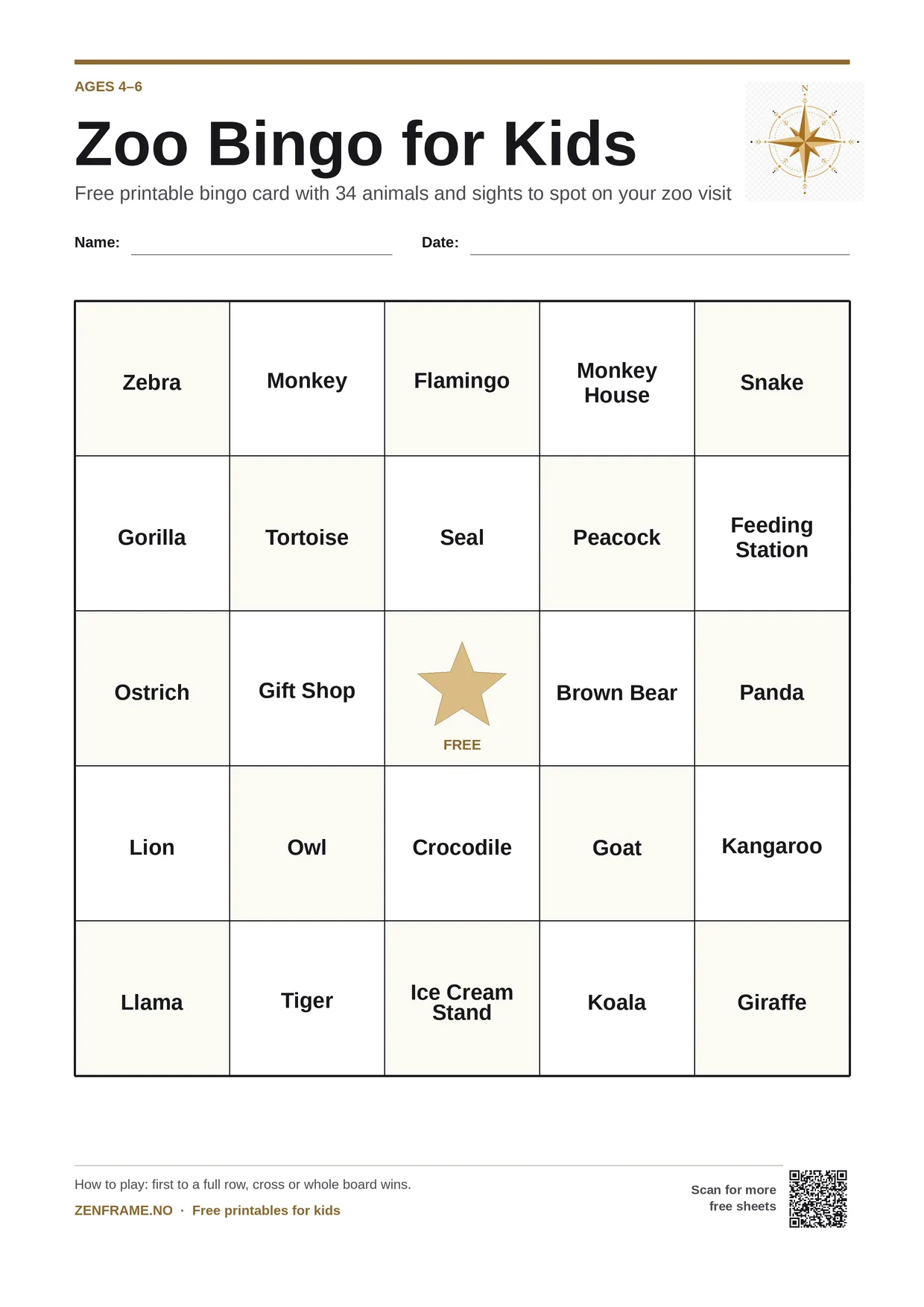 Zoo Bingo for kids ages 4–6 – free printable A4 board
